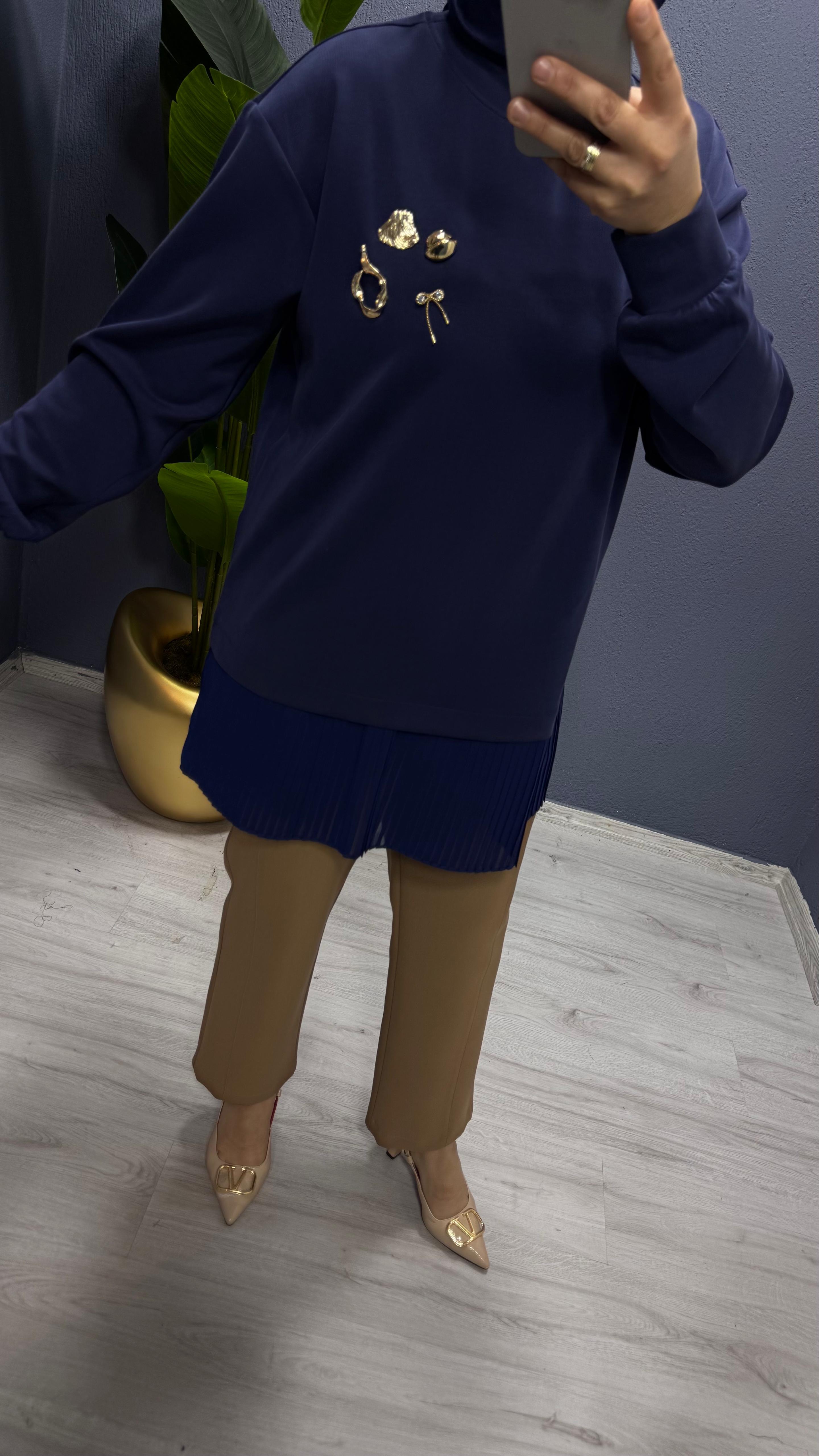 Tığ Triko Plise Detaylı Aksesuarlı TunikTNK.4012.1)