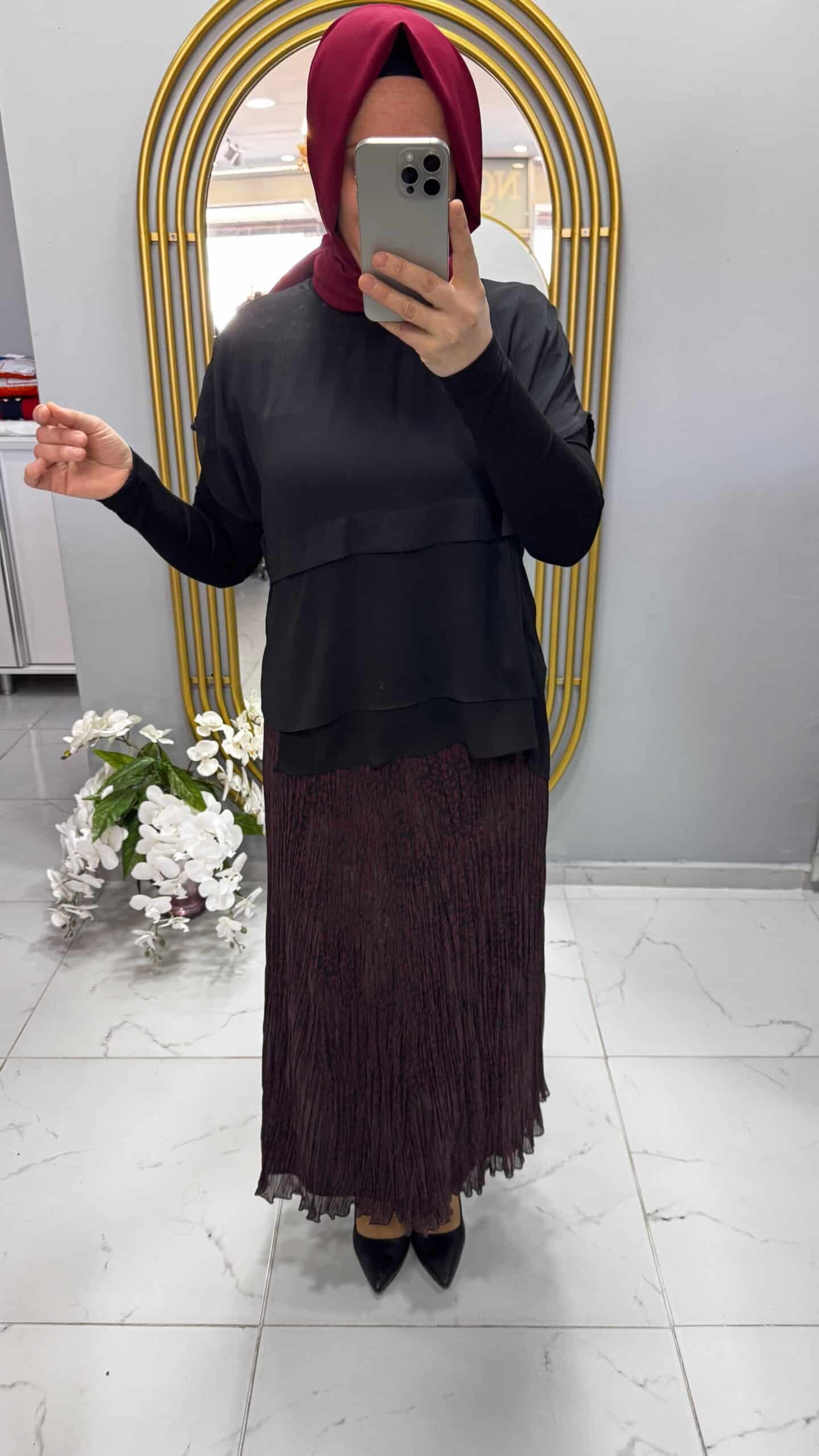 Sentez Leopar Desen Kırıştırma Şifon Etek (5432)