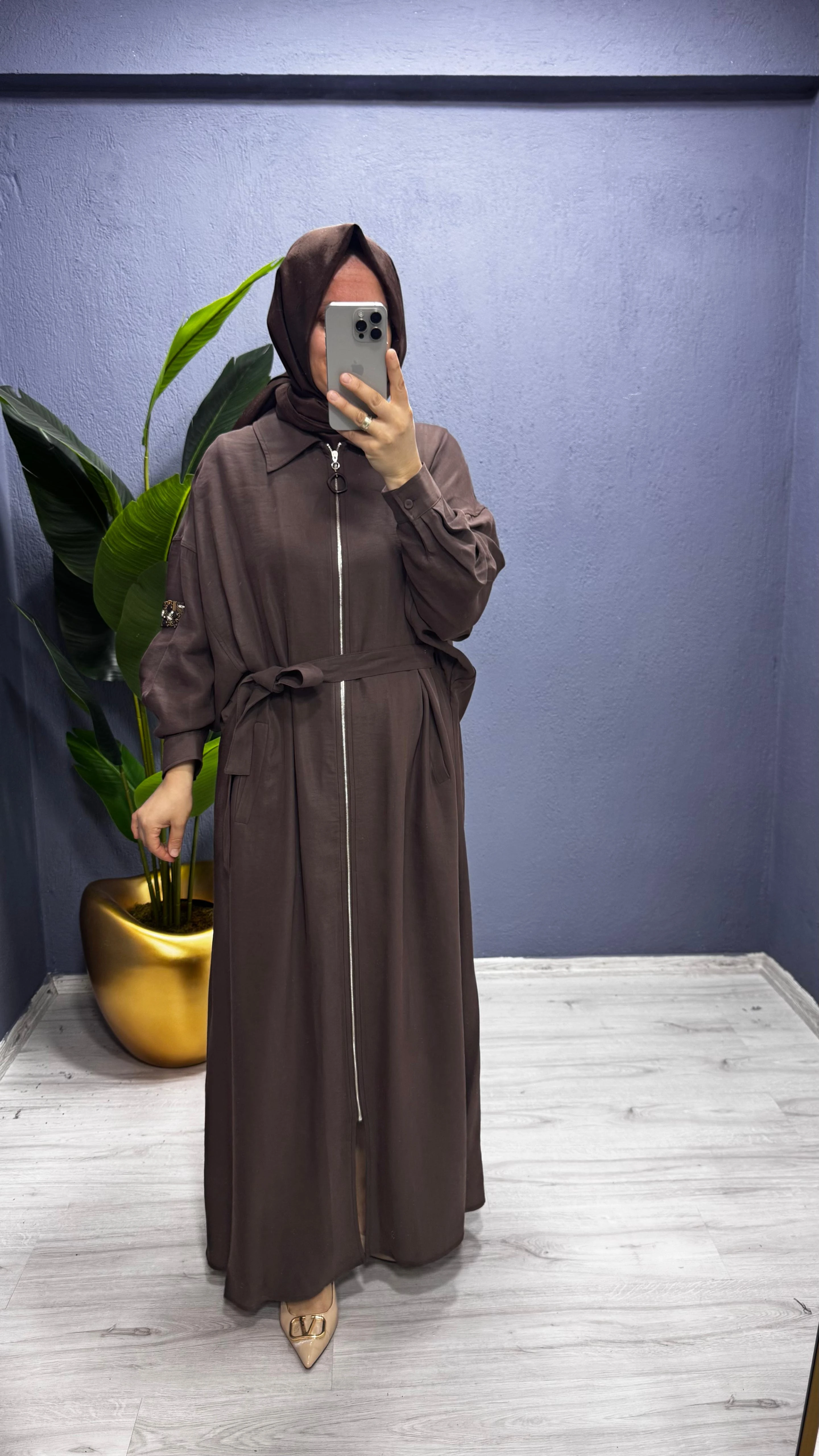 Ceremony Önden Fermuarlı Tek Kolu Taş Detay İçten Kemerli Kap (6881)