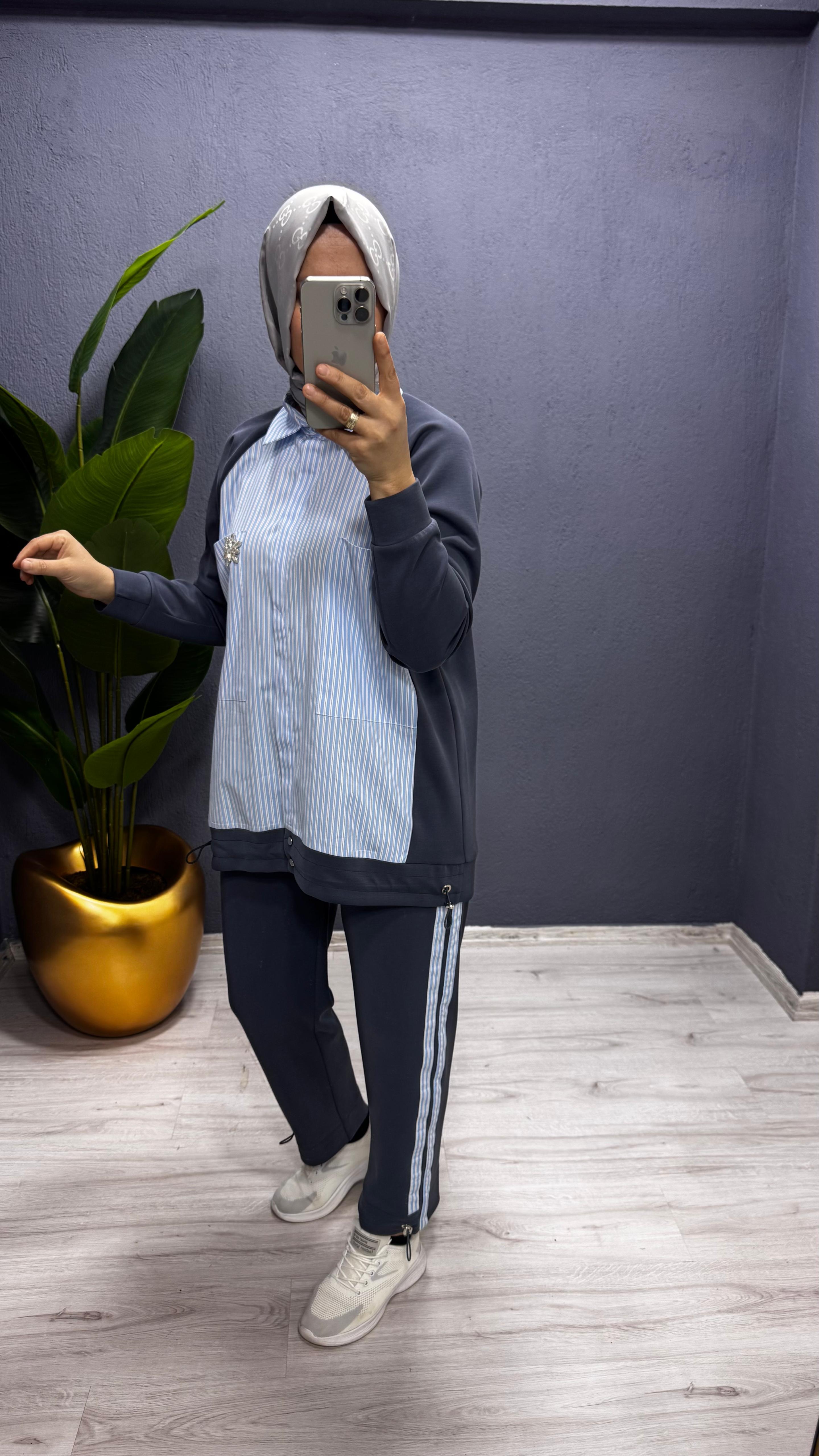 Tığ Triko  Çizgili Poplin Mix Pantolonlu Takım TKM.3065.01