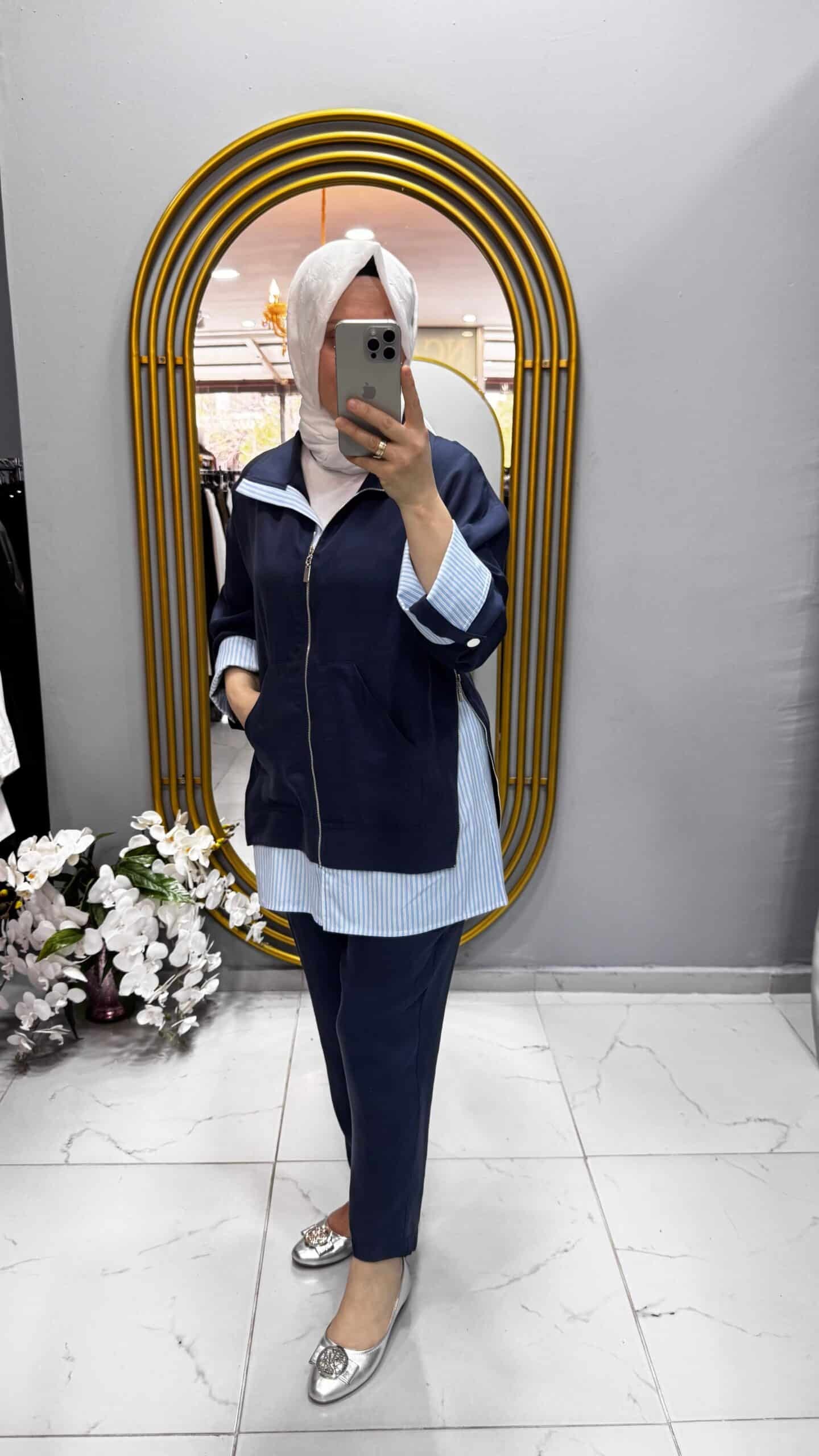 Tığ Triko Çizgili Poplin Mixli Fermuar Detaylı Pantolonlu Takım (2097)