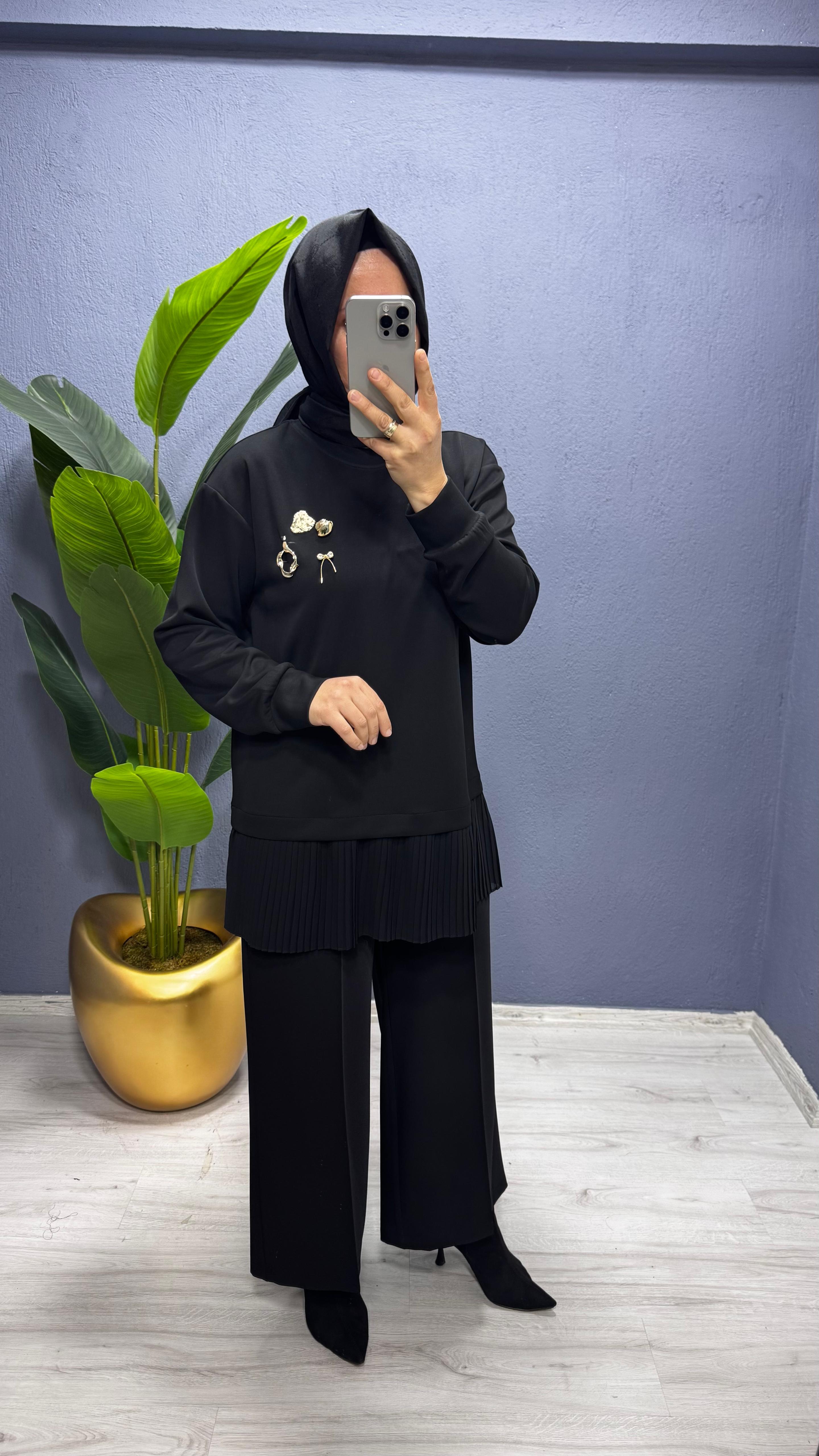 Tığ Triko Plise Detaylı Aksesuarlı TunikTNK.4012.1)