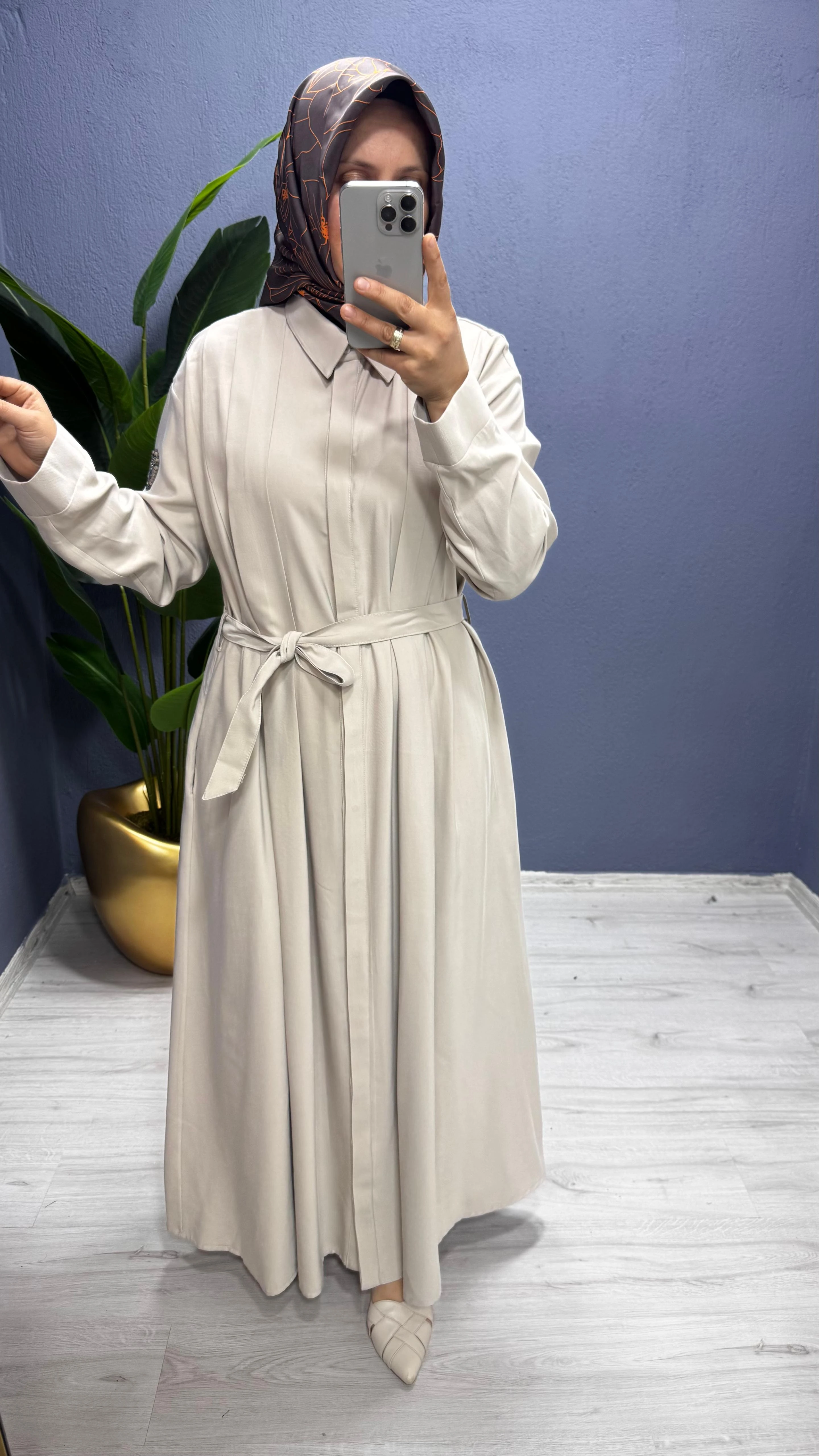 Ceremony Kolu Taş Detay Önden Düğmeli Belden Kuşaklı Gömlek  Elbise (6717)