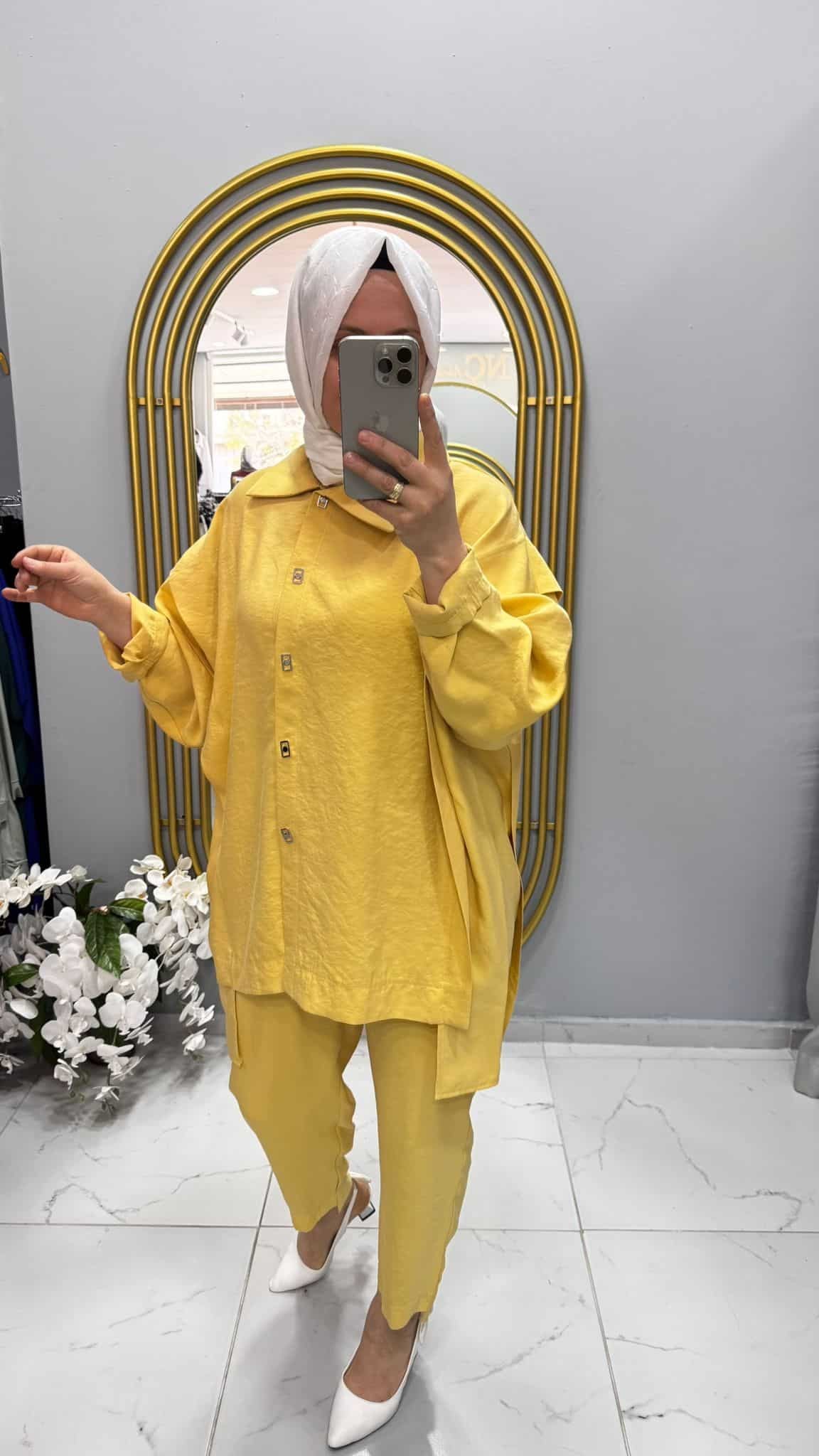 Tığ Triko Önden Çıt Çıtlı Asimetrik Oversize Tunik Takım (3014.01)