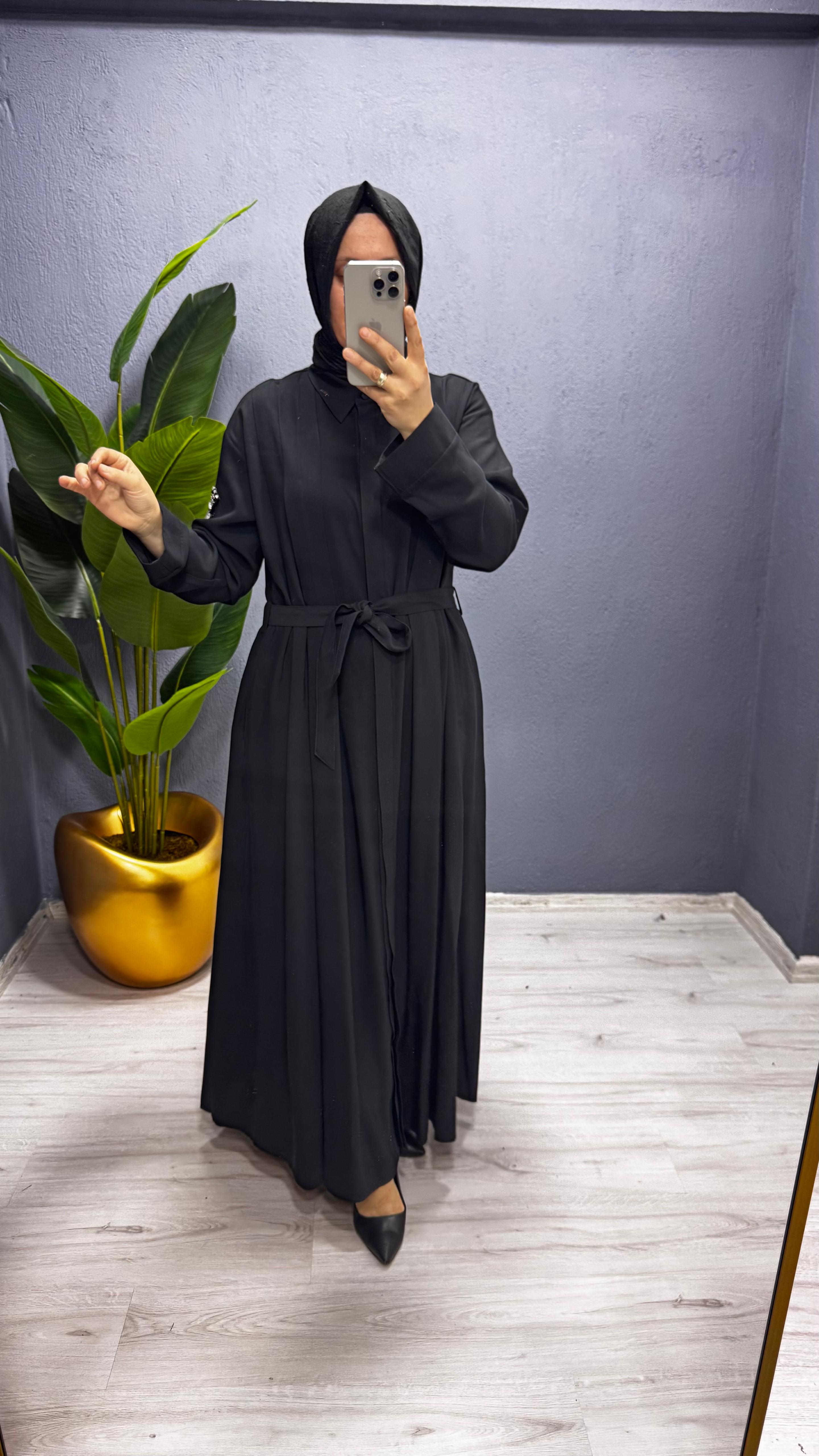 Ceremony Kolu Taş Detay Önden Düğmeli Belden Kuşaklı Gömlek  Elbise (6717)