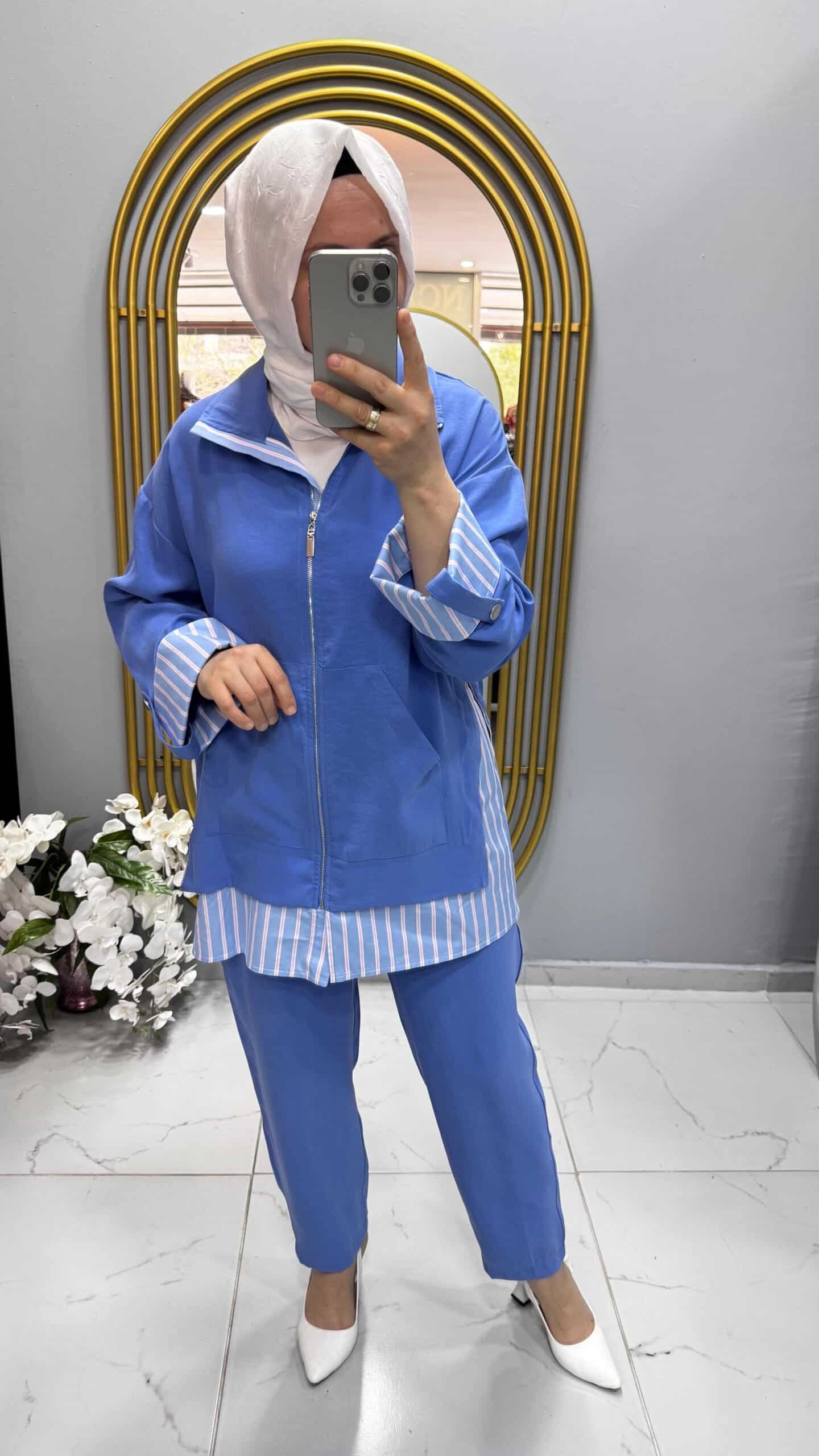 Tığ Triko Çizgili Poplin Mixli Fermuar Detaylı Pantolonlu Takım (2097)