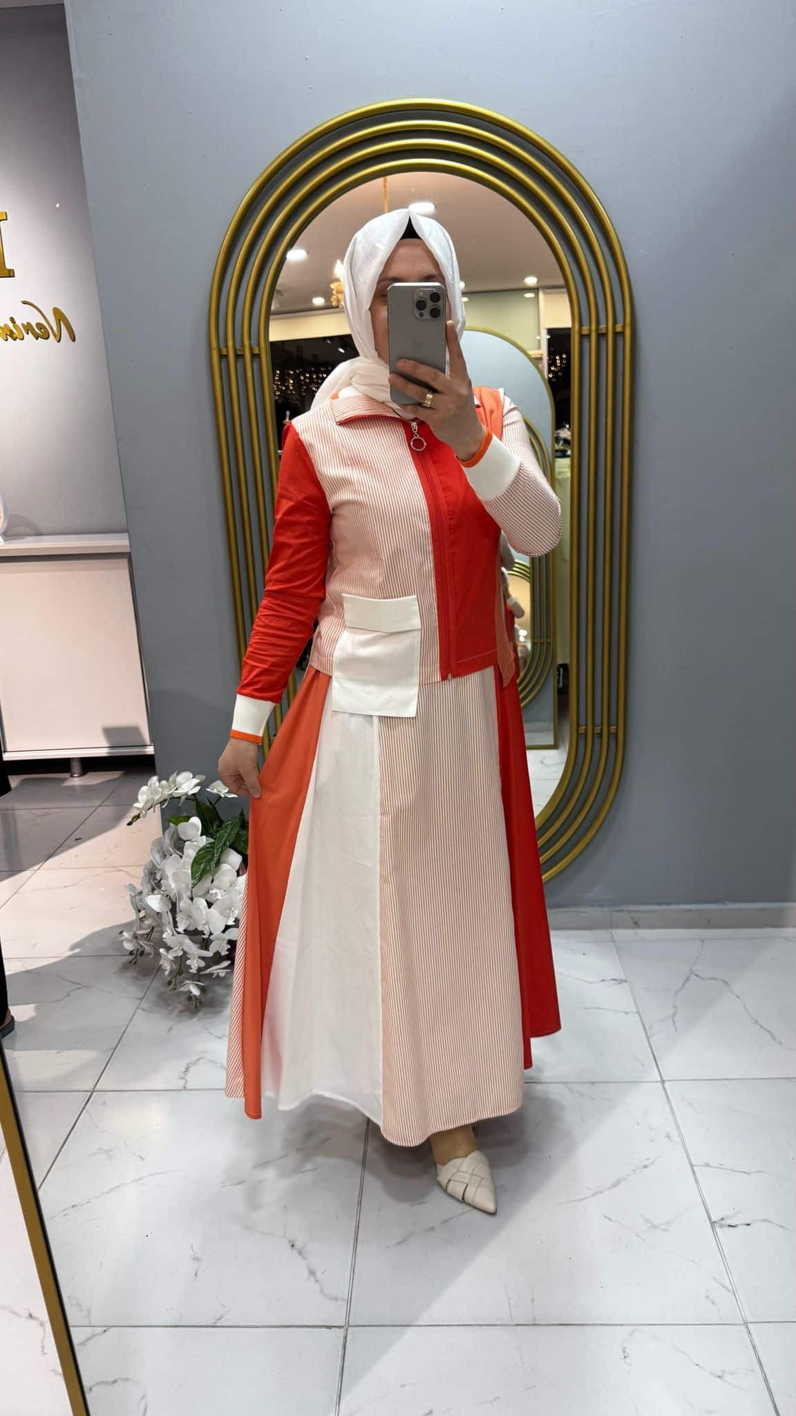 Tığ triko Sarı Ve Oranj Çizgili Poplin Etekli Takım (1761)