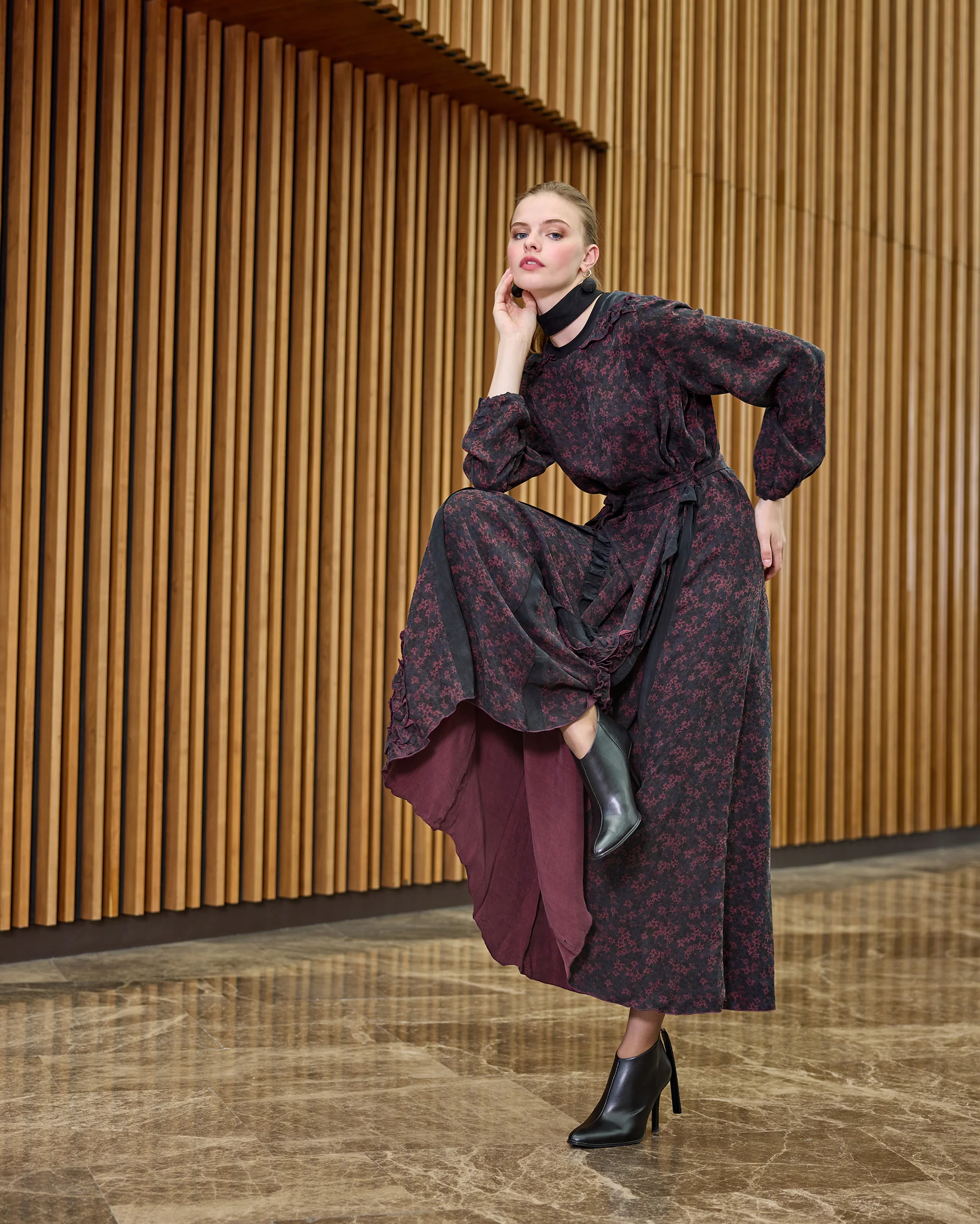 Misswhence Bordo Desenli Elbise (38829)