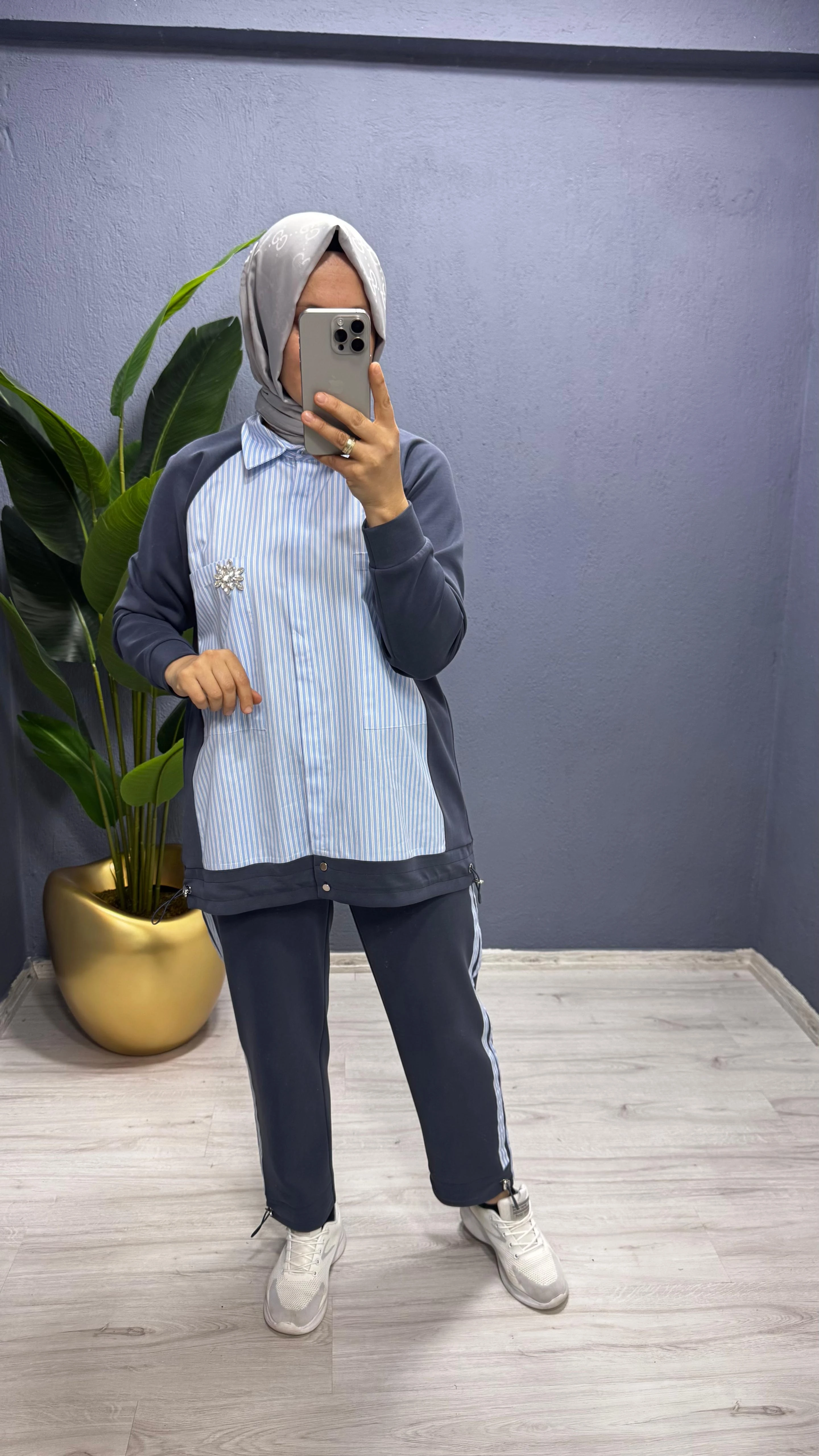 Tığ Triko  Çizgili Poplin Mix Pantolonlu Takım TKM.3065.01