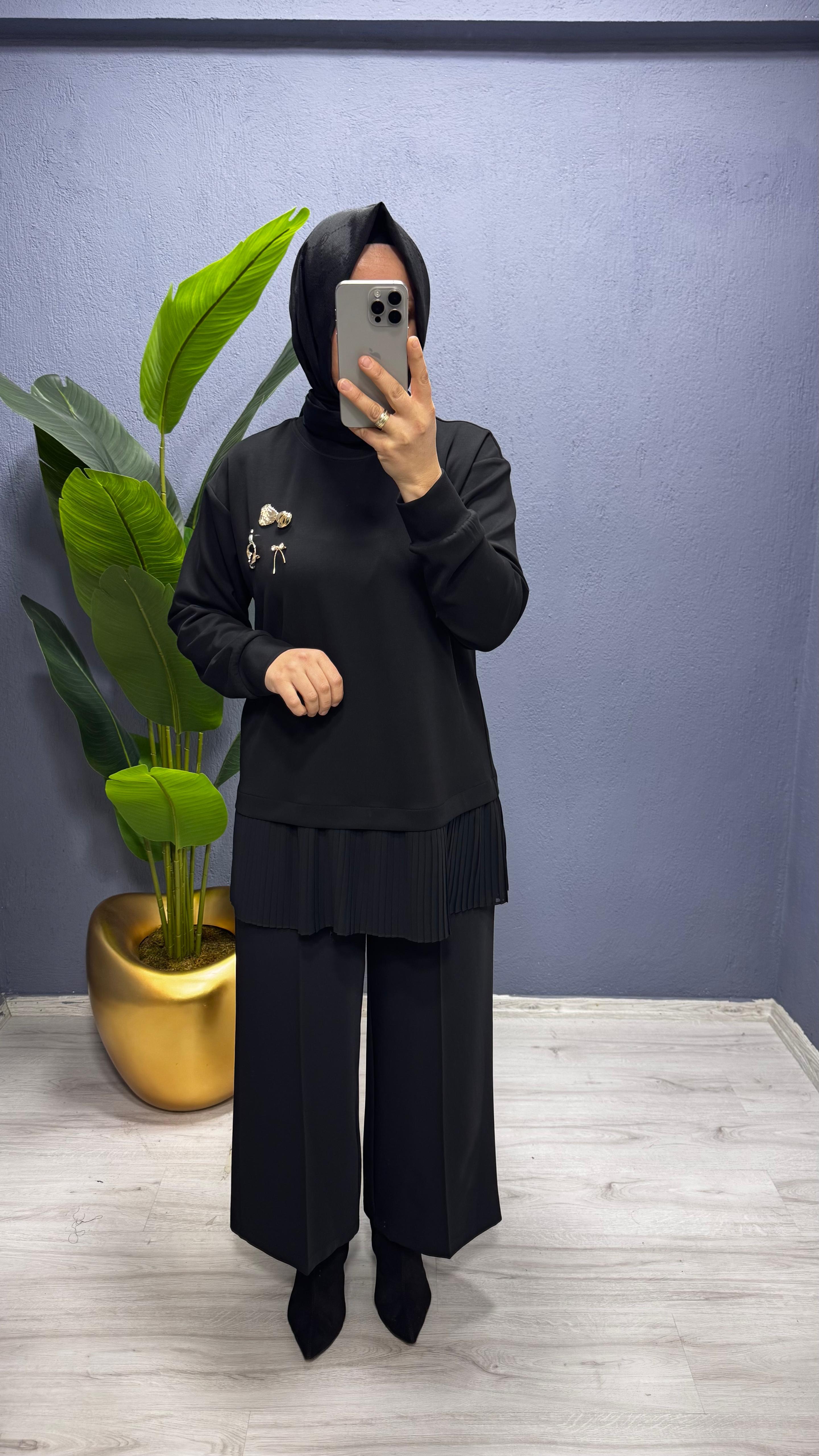 Tığ Triko Plise Detaylı Aksesuarlı TunikTNK.4012.1)