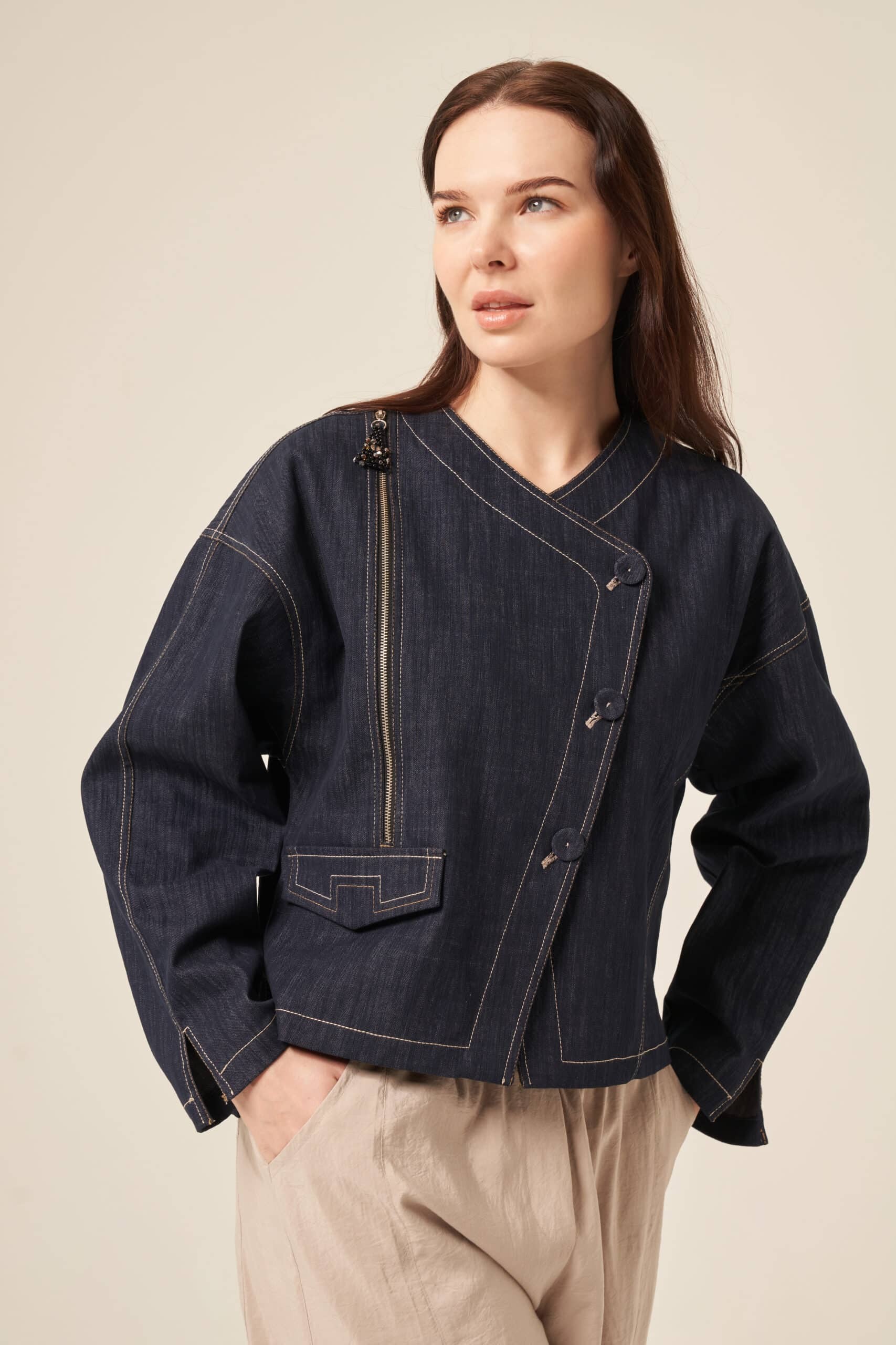 Ceremony Kruvaze Kapama Fermuar Detaylı Denim Ceket (5854)