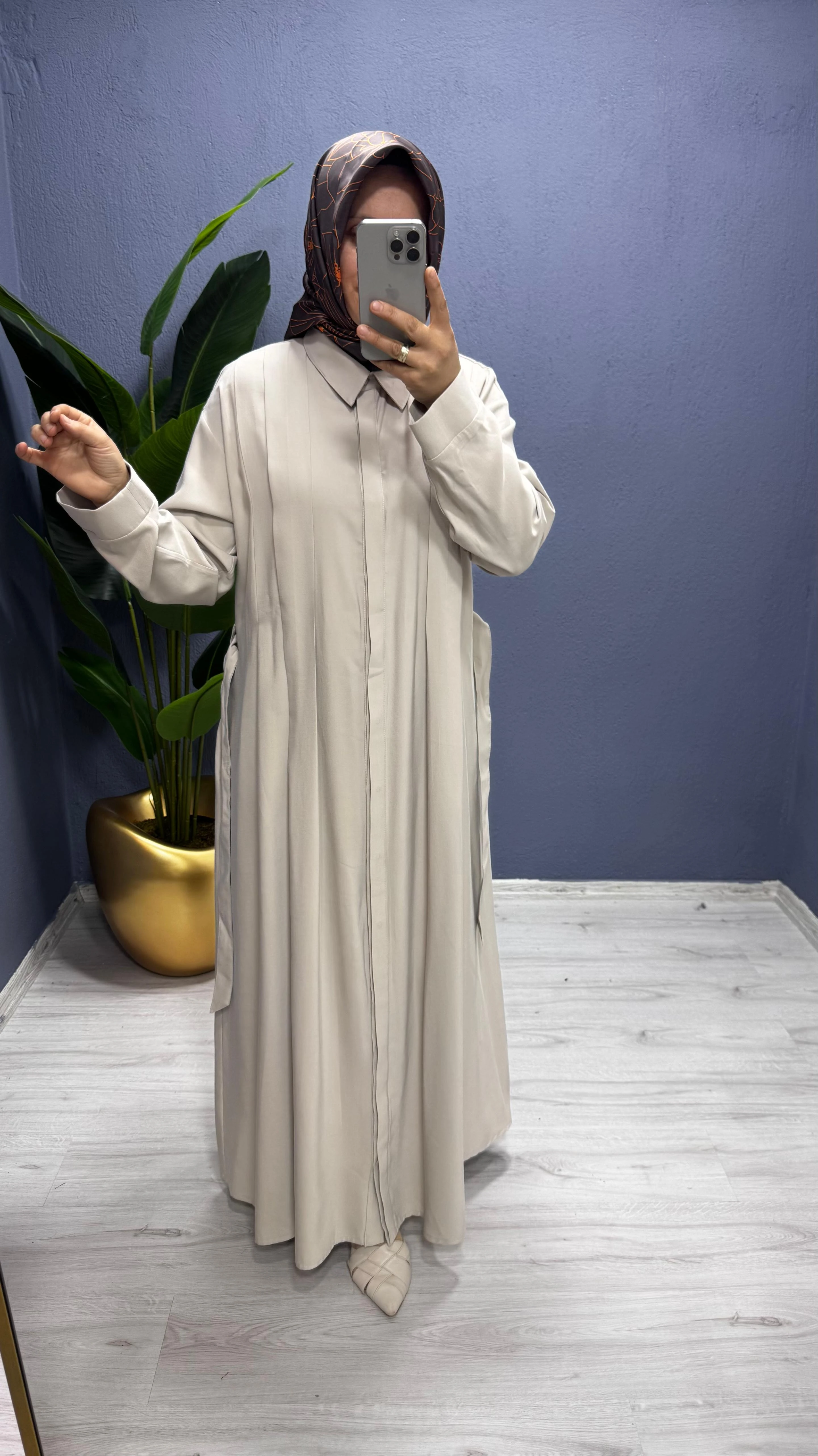 Ceremony Kolu Taş Detay Önden Düğmeli Belden Kuşaklı Gömlek  Elbise (6717)