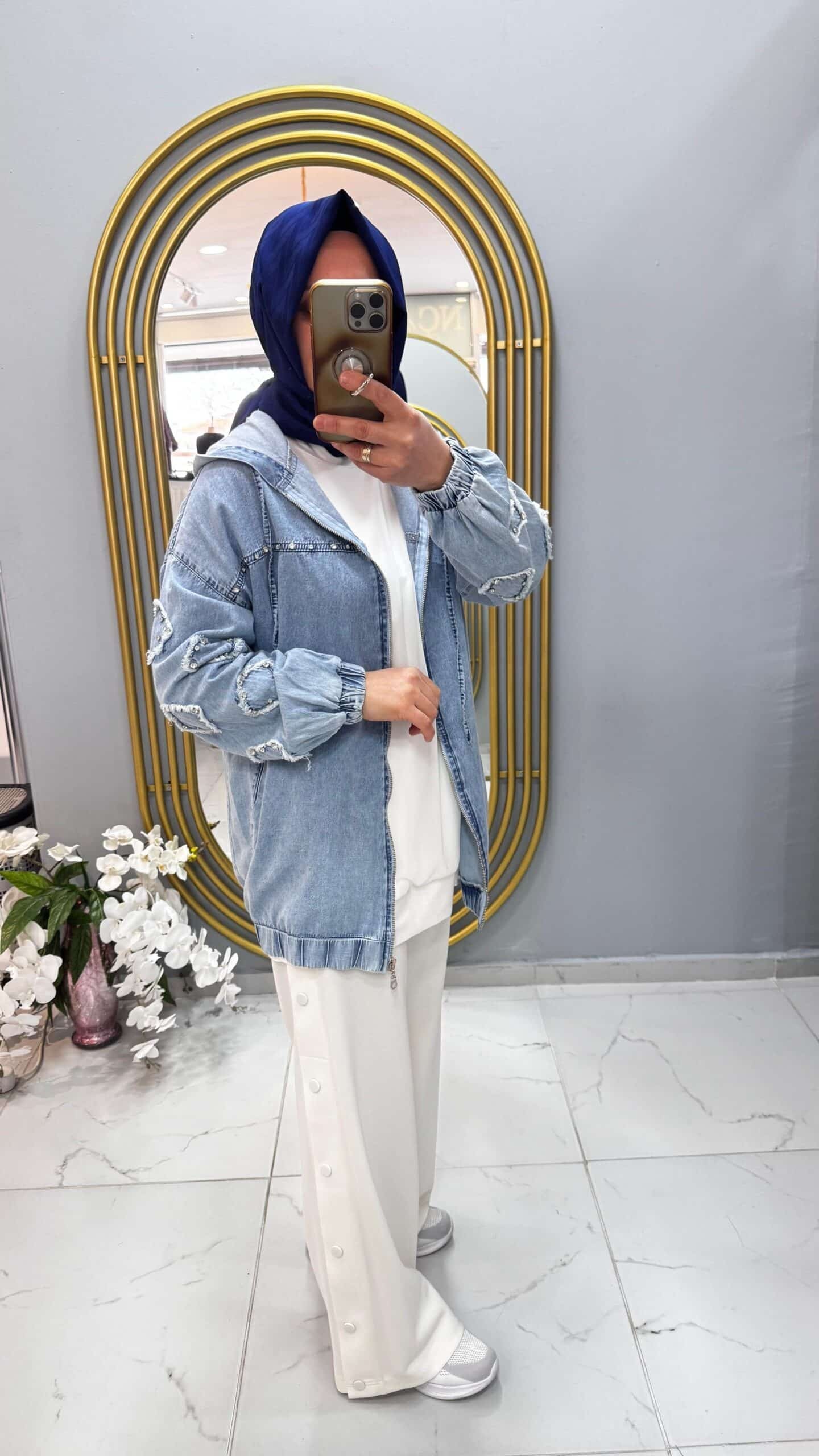 Fermuarlı Kapşonlu Açık Mavi Kot Denim Ceket