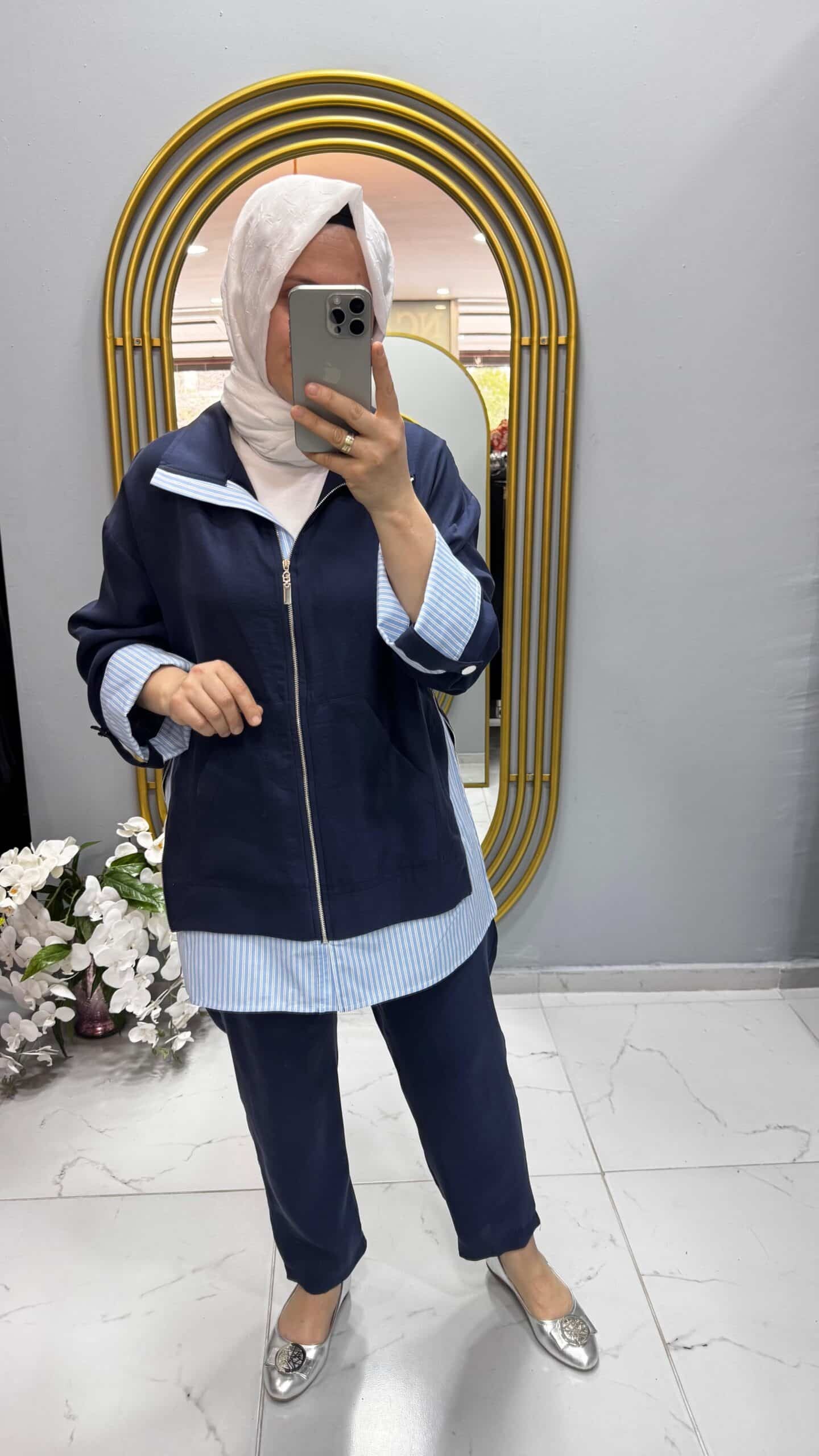 Tığ Triko Çizgili Poplin Mixli Fermuar Detaylı Pantolonlu Takım (2097)