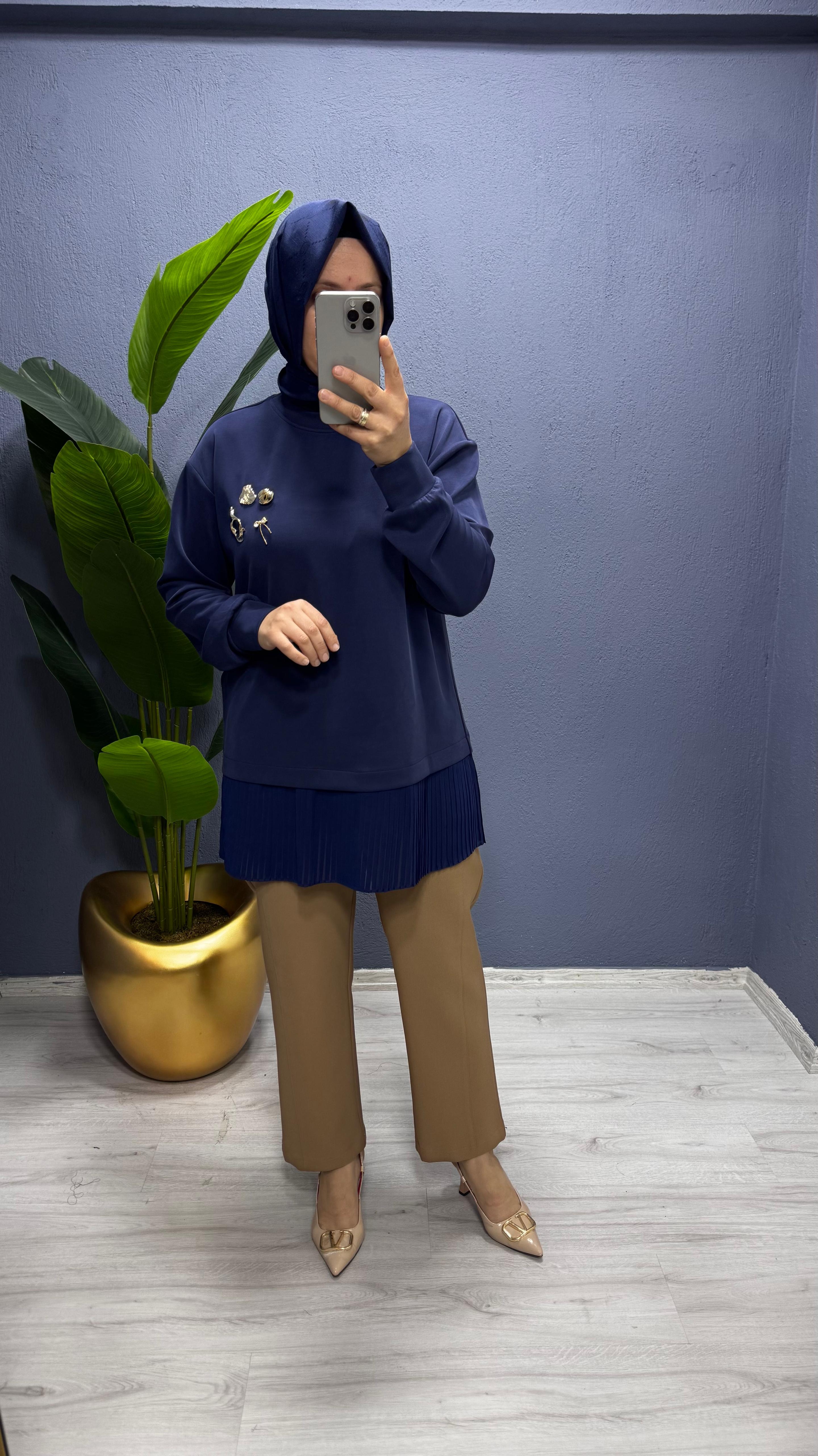 Tığ Triko Plise Detaylı Aksesuarlı TunikTNK.4012.1)