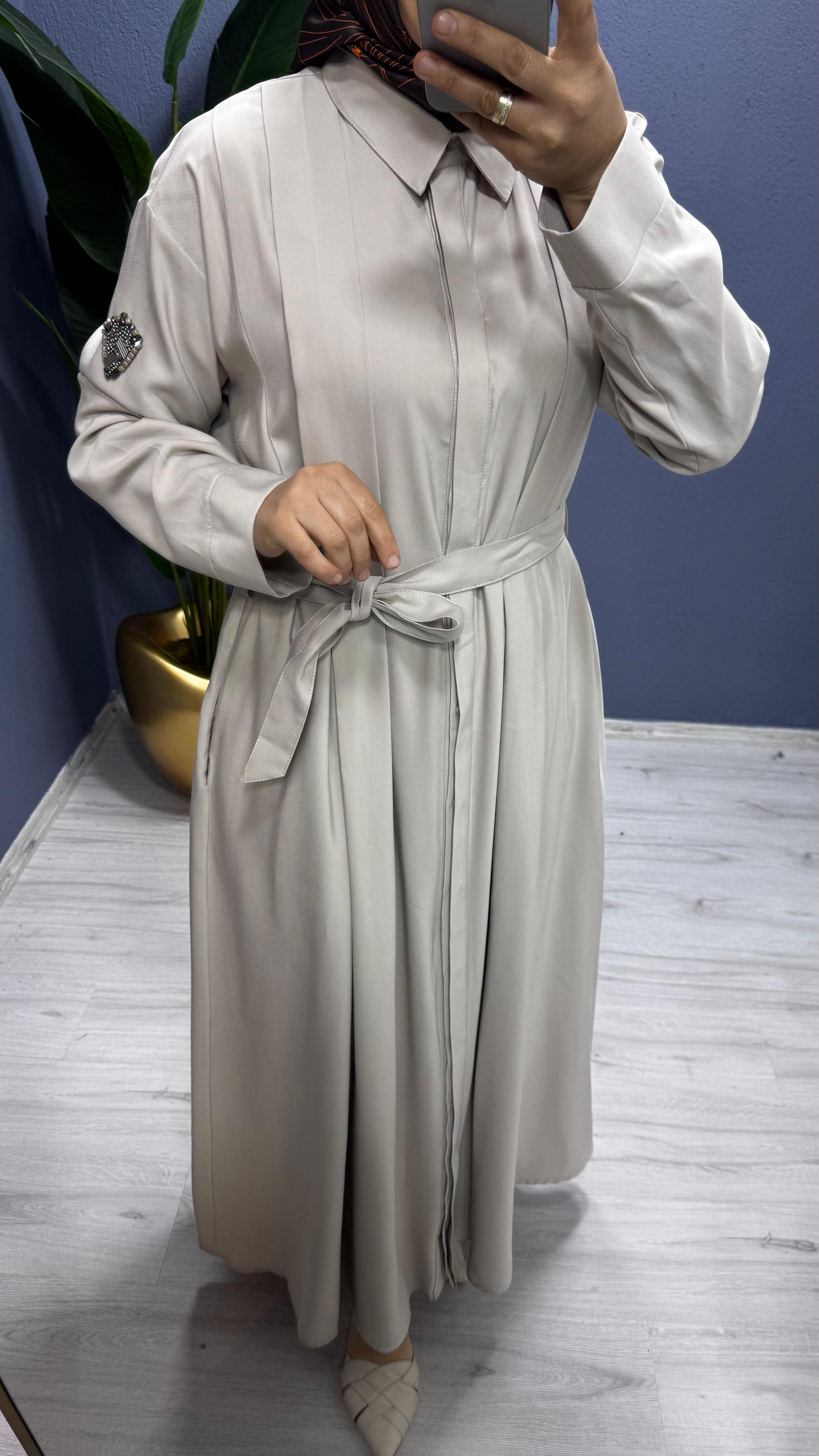 Ceremony Kolu Taş Detay Önden Düğmeli Belden Kuşaklı Gömlek  Elbise (6717)