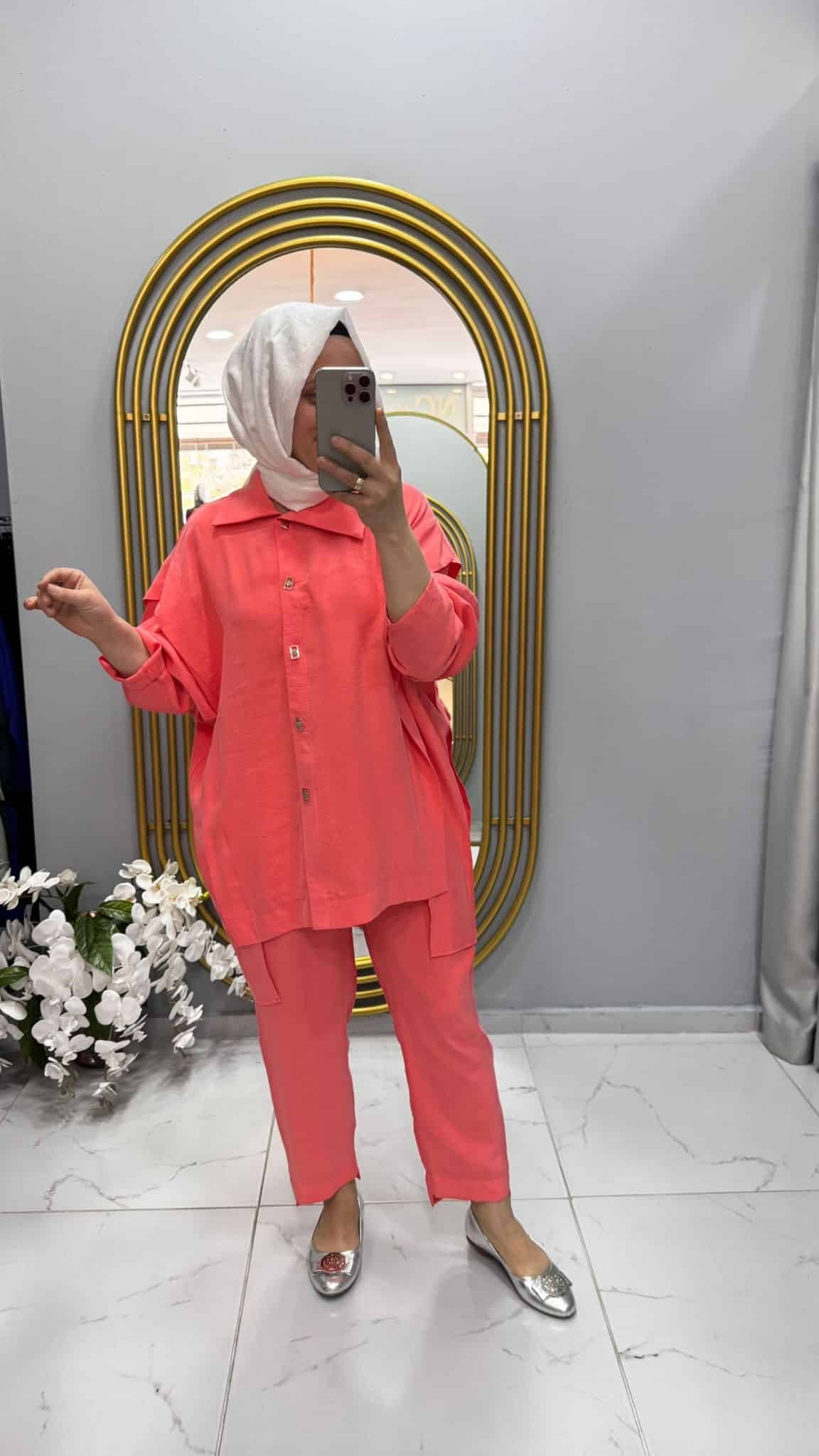 Tığ Triko Önden Çıt Çıtlı Asimetrik Oversize Tunik Takım (3014.01)