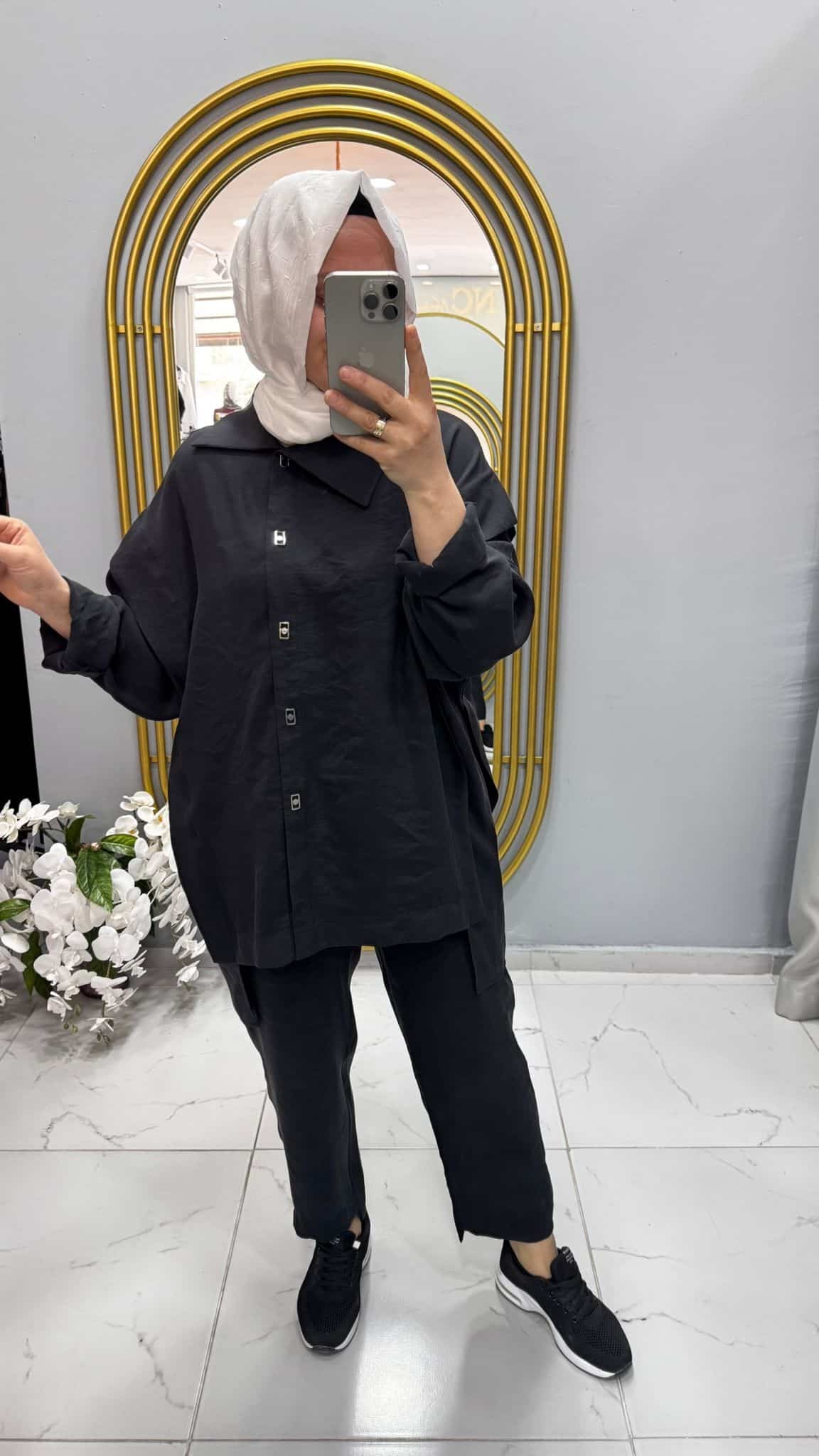 Tığ Triko Önden Çıt Çıtlı Asimetrik Oversize Tunik Takım (3014.01)