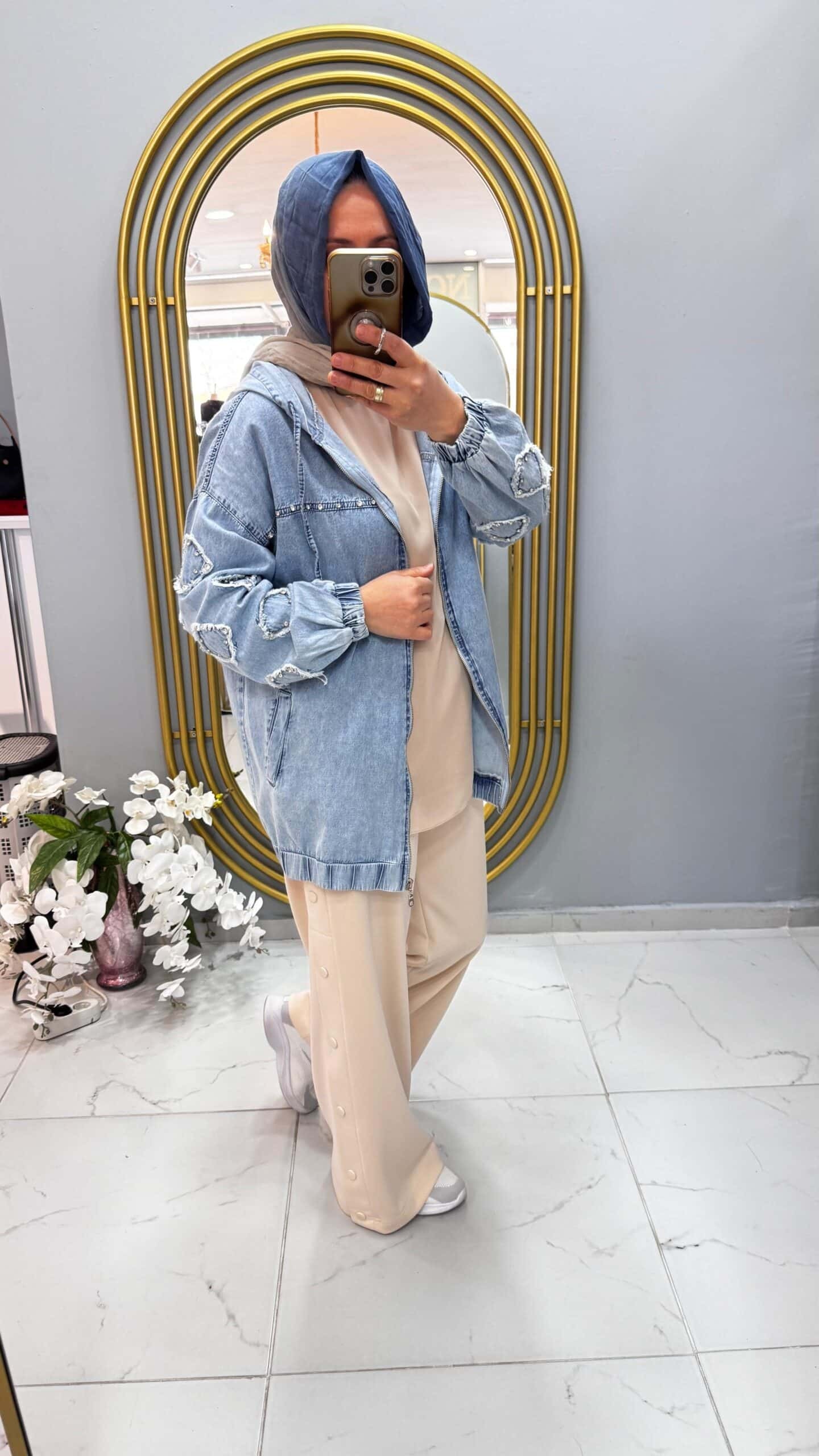 Fermuarlı Kapşonlu Açık Mavi Kot Denim Ceket
