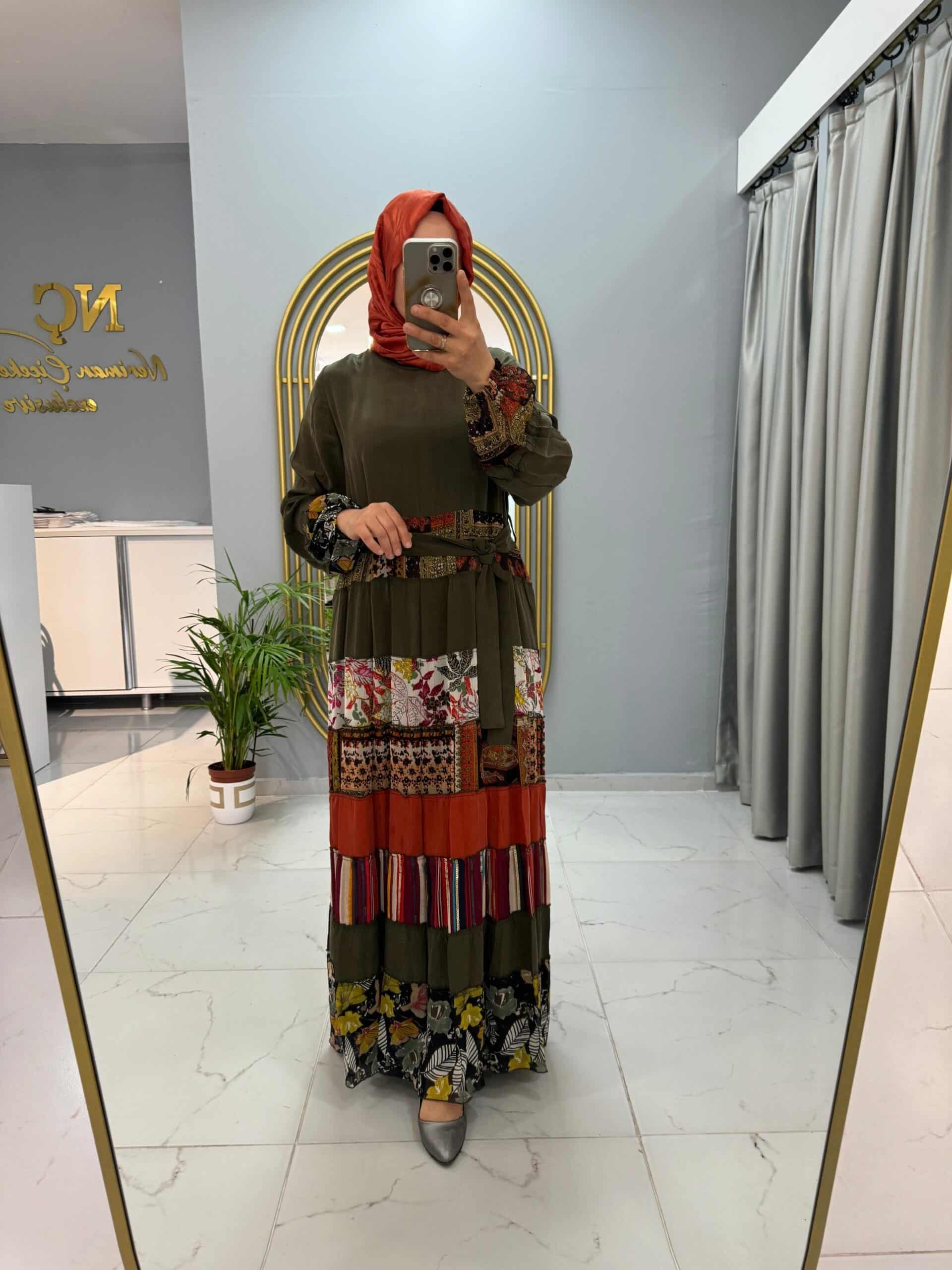 Misswhence Haki ve Oranj Renk İpek Elbise (35813)