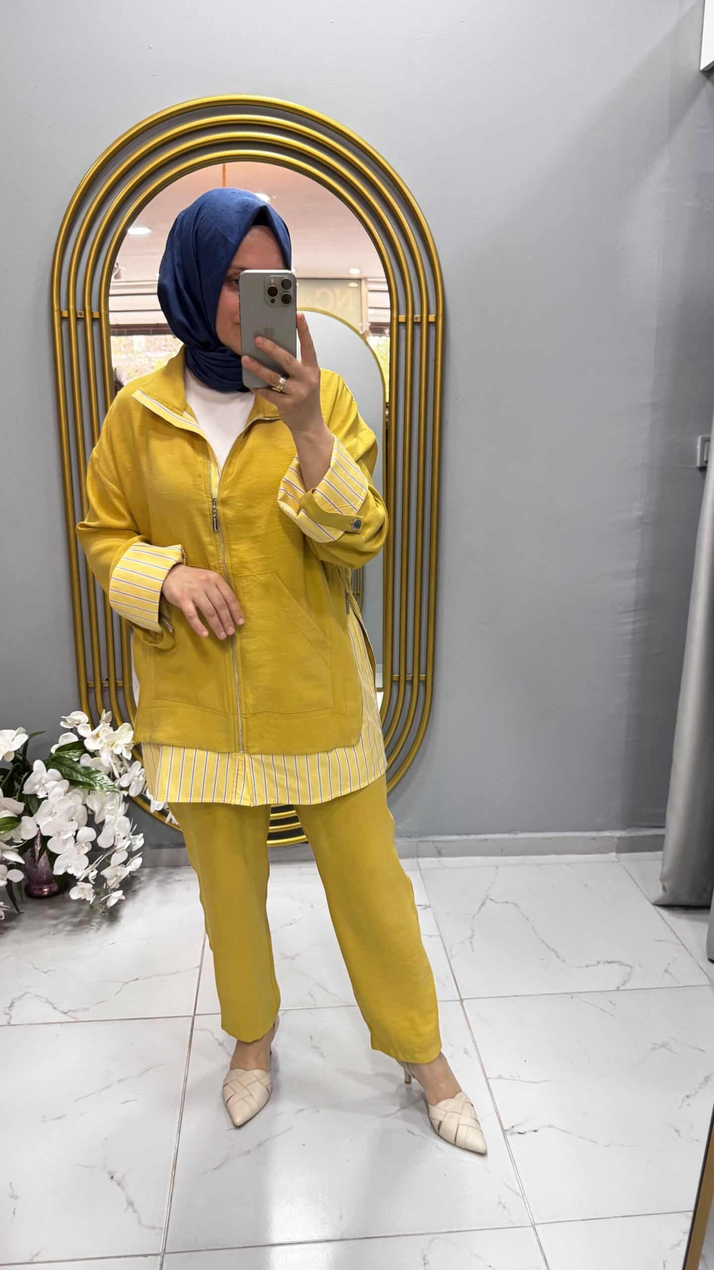 Tığ Triko Çizgili Poplin Mixli Fermuar Detaylı Pantolonlu Takım (2097)