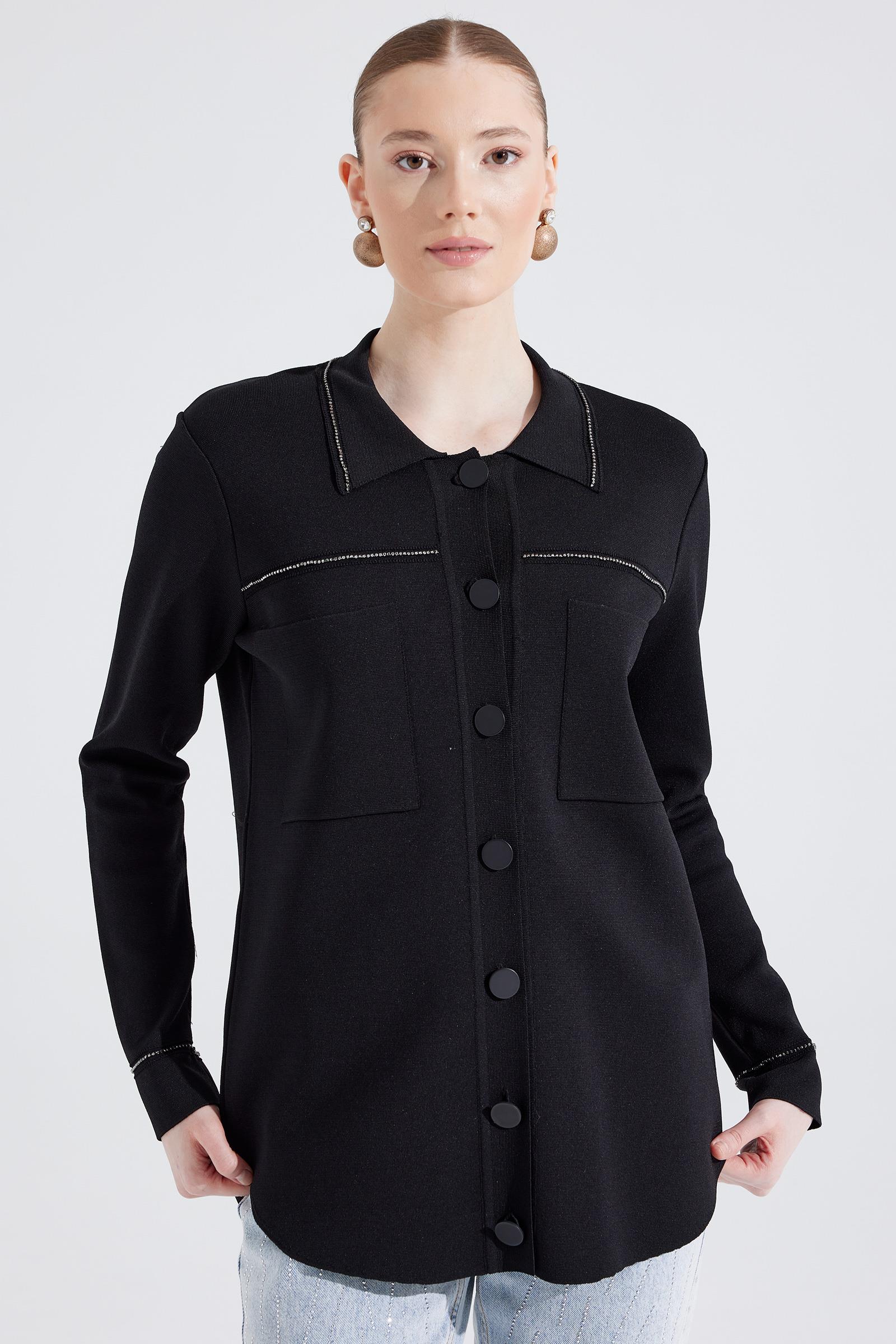 Tığ Triko Cep Tetaylı Polo Yaka Hırka ( 21562)