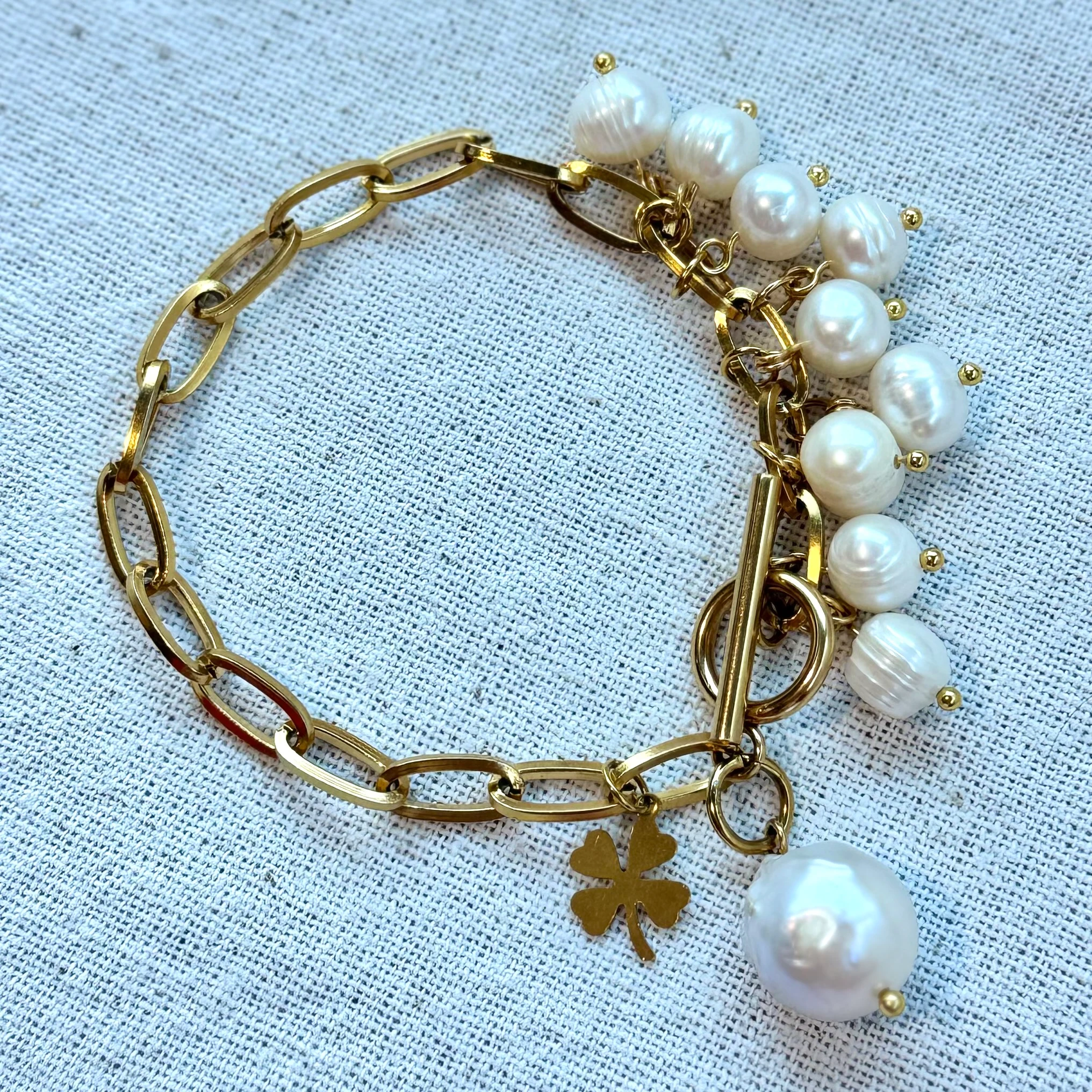 Doğal İnci Çelik Yonca Tasarım Bileklik 