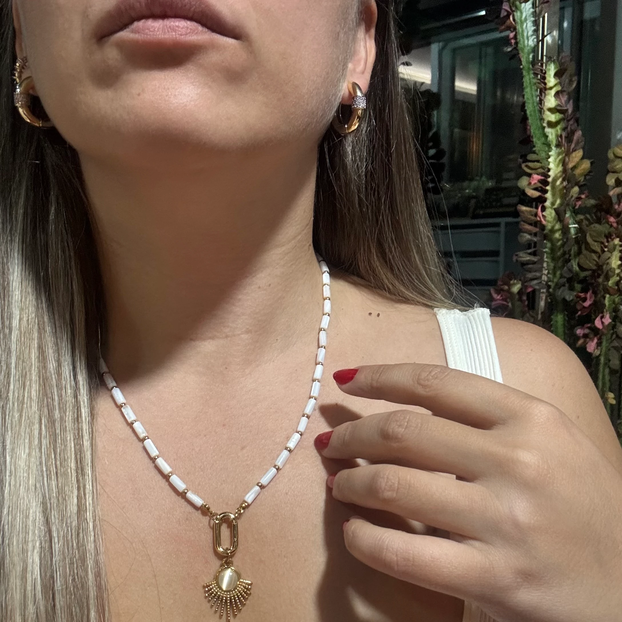 Doğal Sedef Yelpaze Tasarım Çelik Kolye