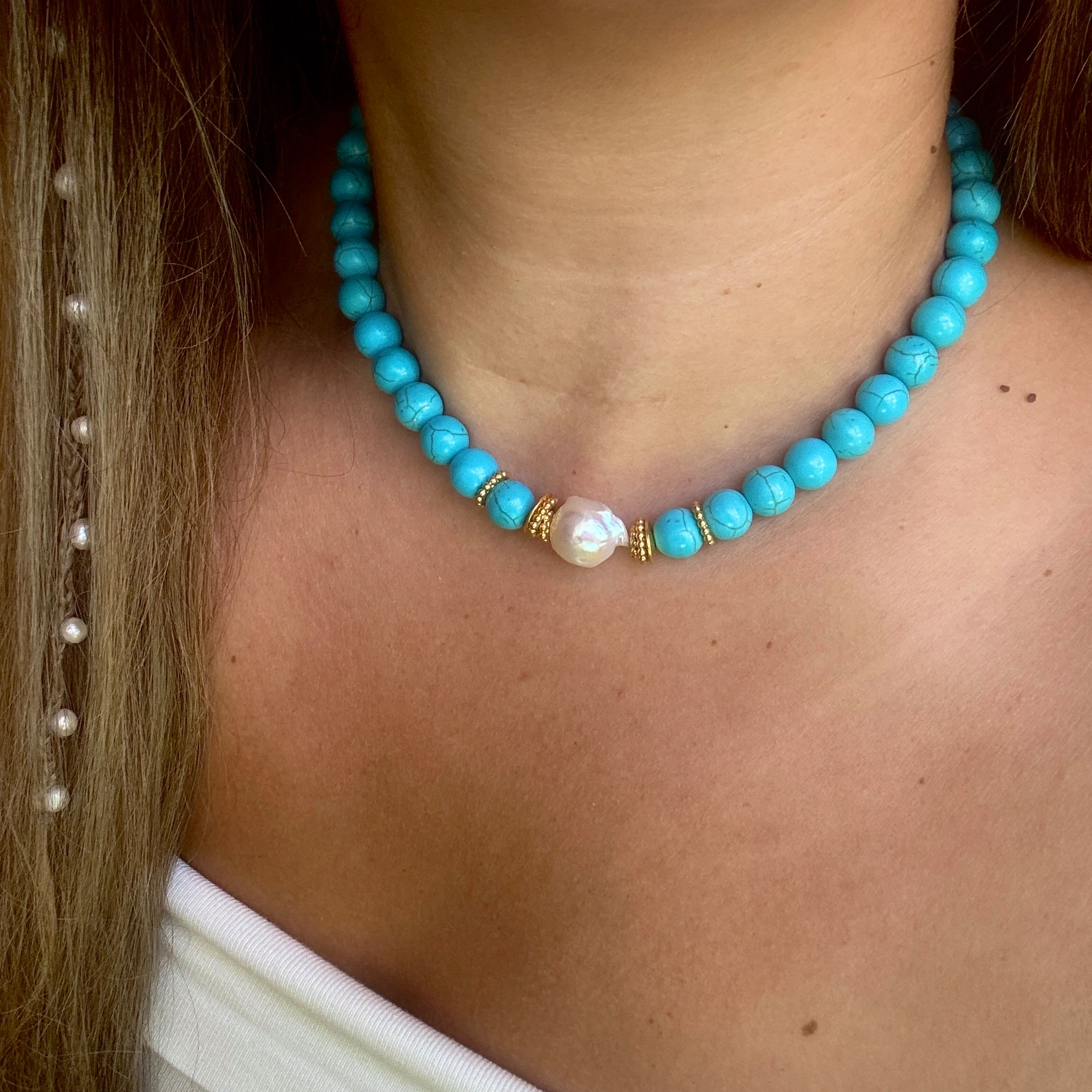 Doğal Turkuaz Sakız İnci Tasarım Kolye