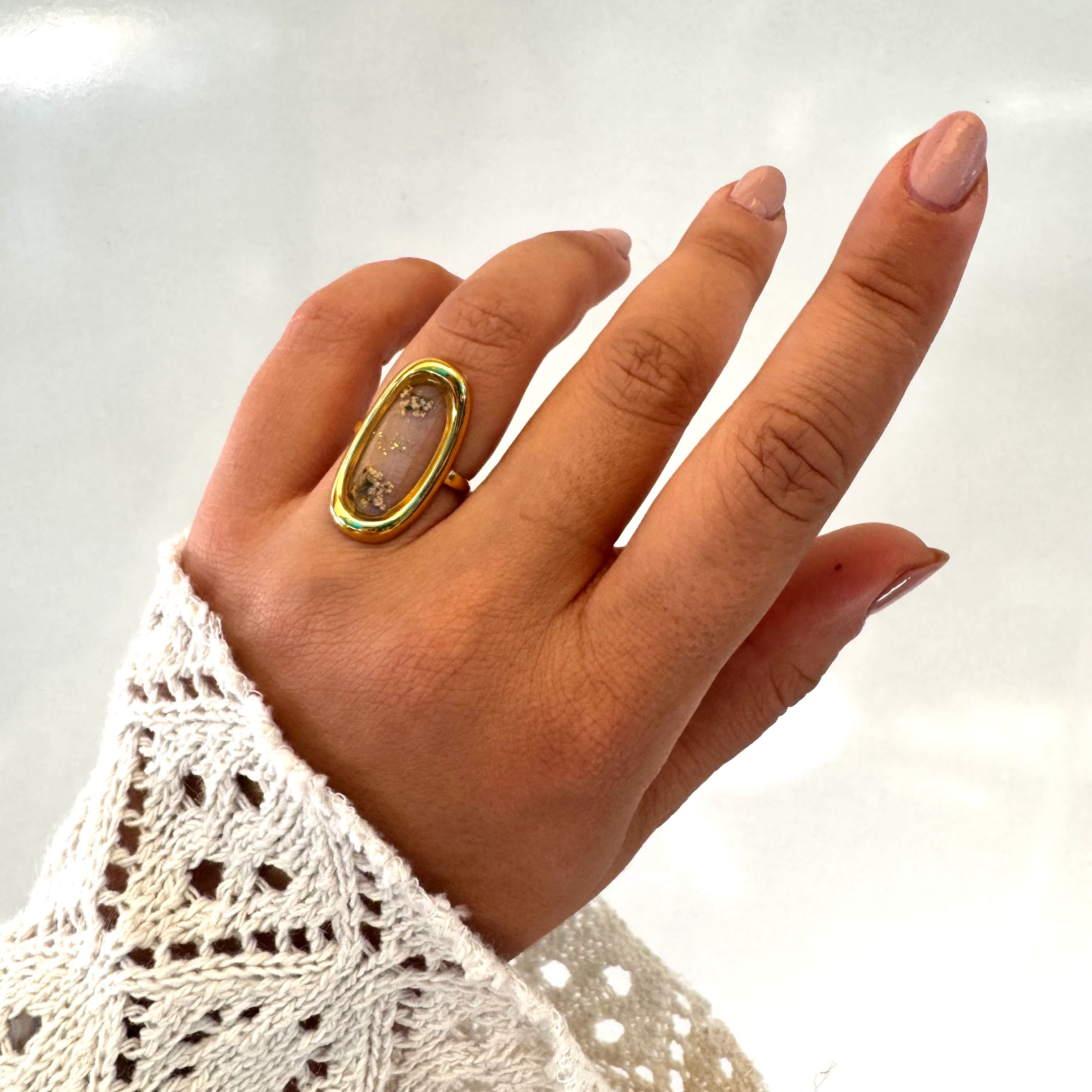 Doğal Kuru Çiçek Tasarım Çelik Yüzük 