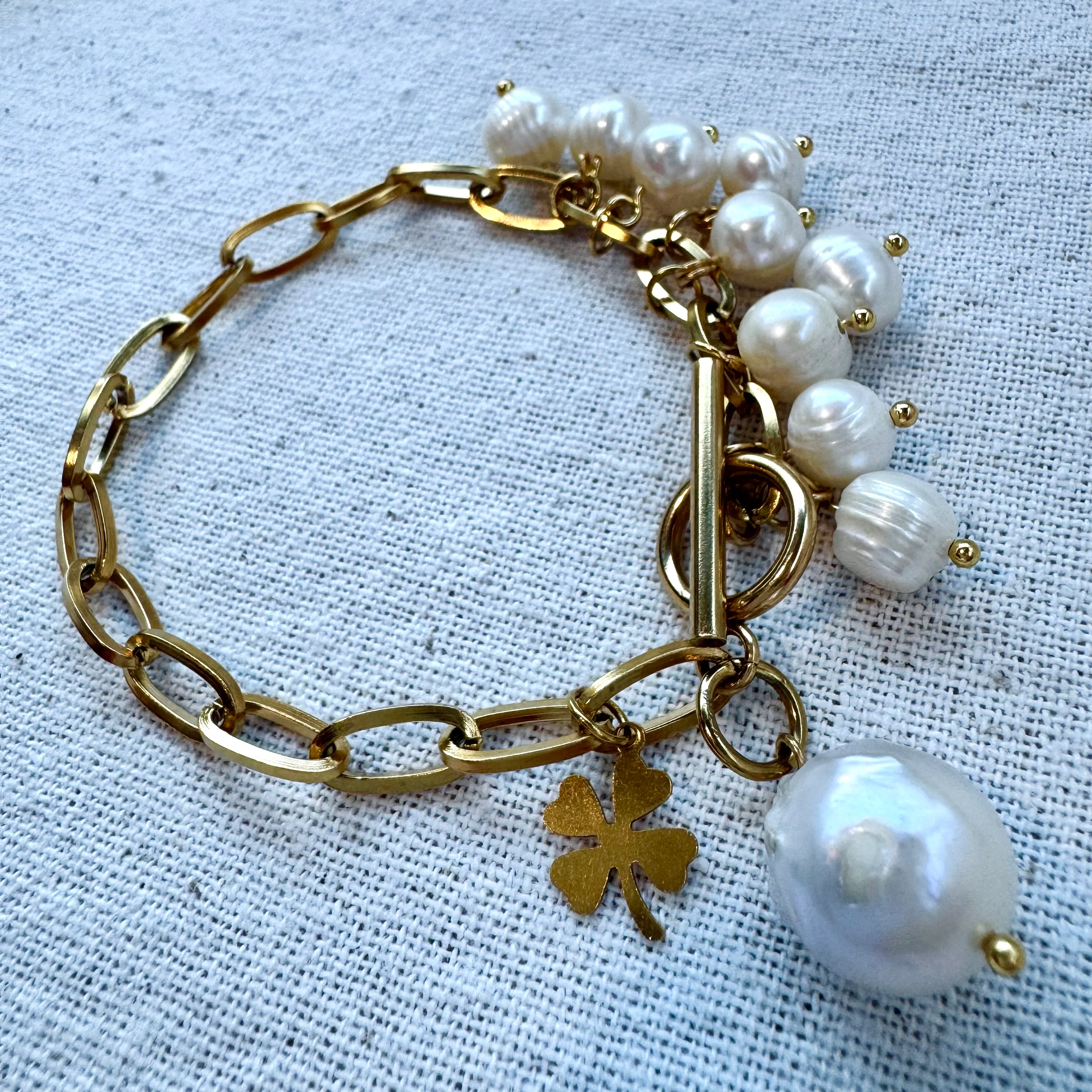 Doğal İnci Çelik Yonca Tasarım Bileklik 