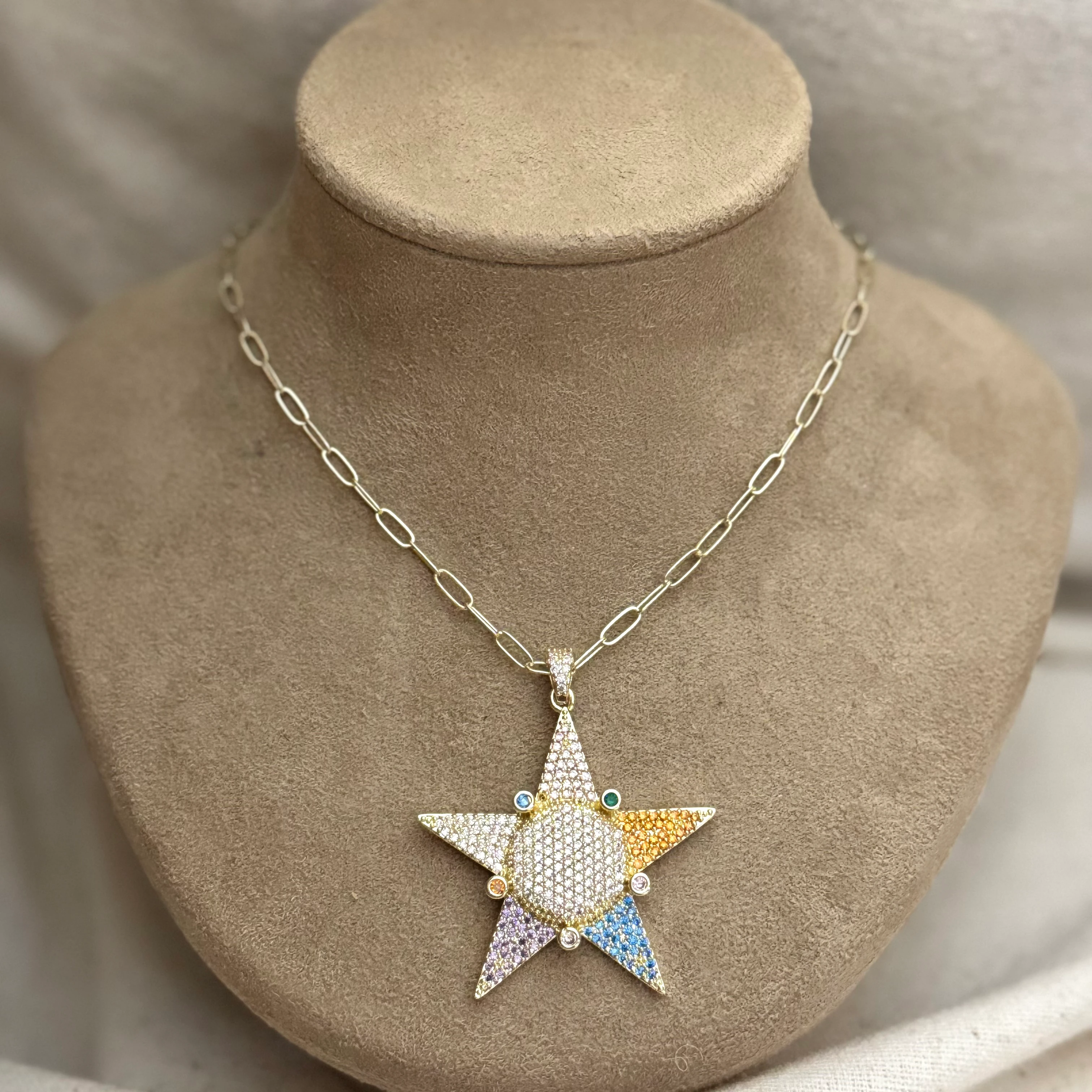 Renkli Zirkon Tasarım Yıldız Kolye 
