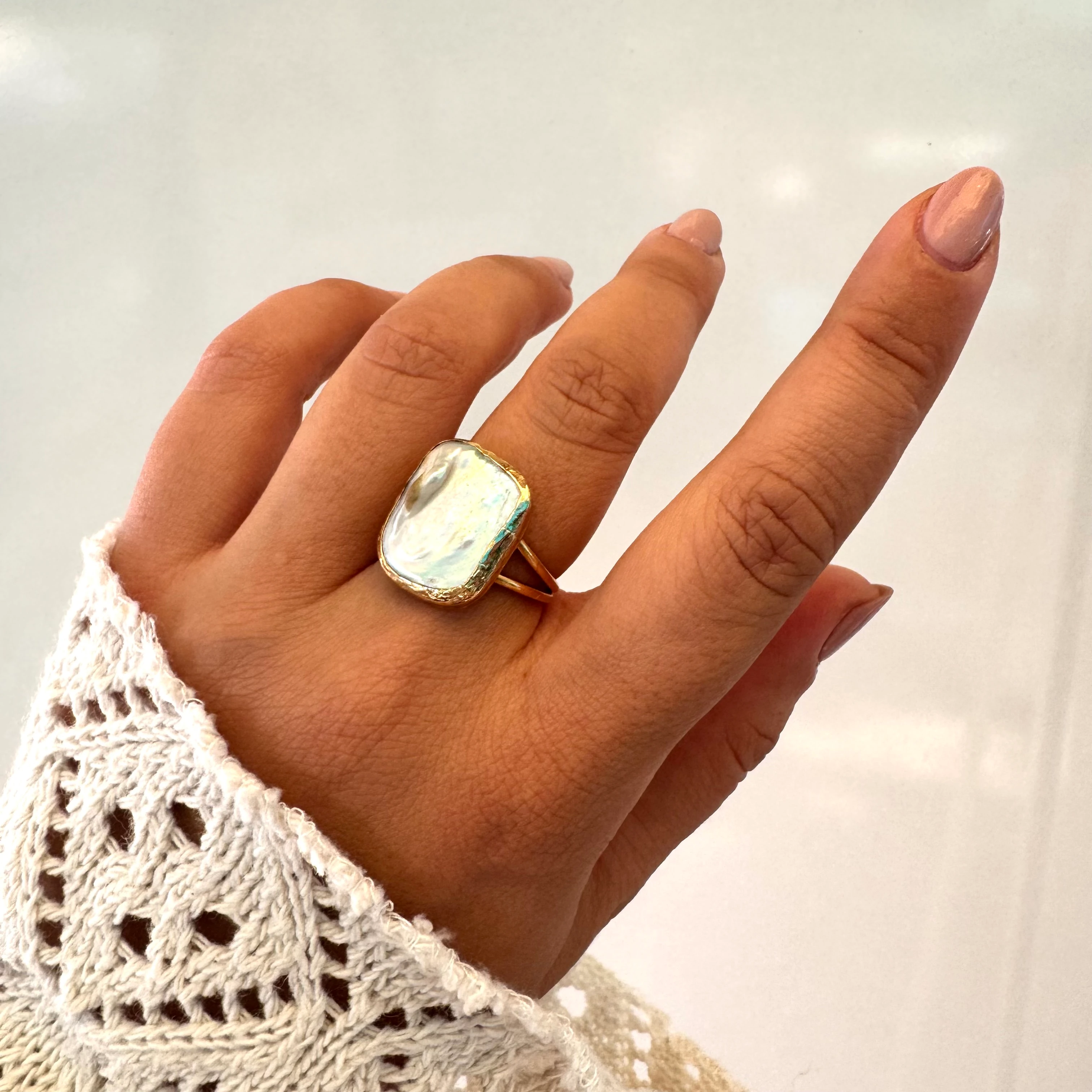 Doğal İnci Dikdörtgen Barok Yüzük