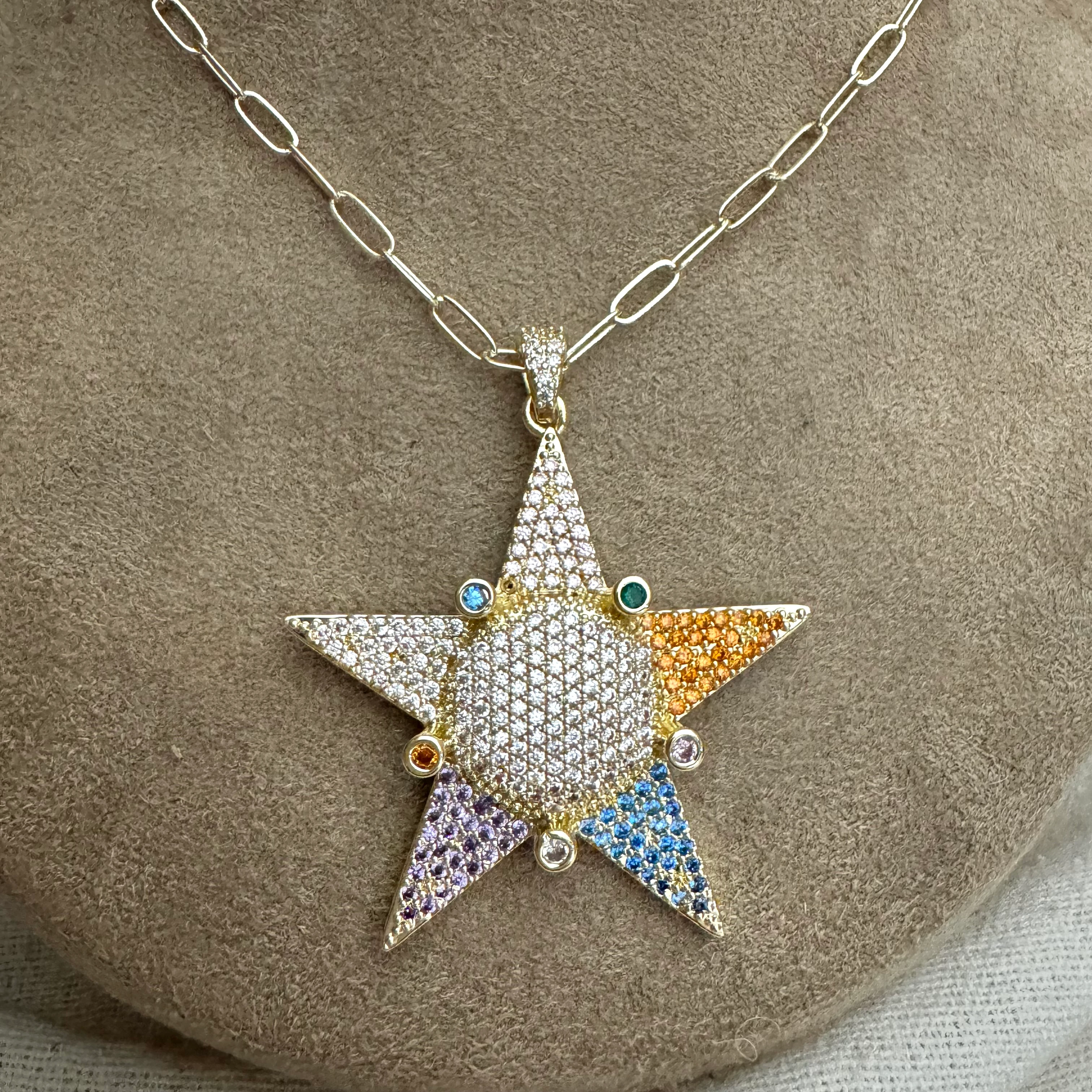 Renkli Zirkon Tasarım Yıldız Kolye 