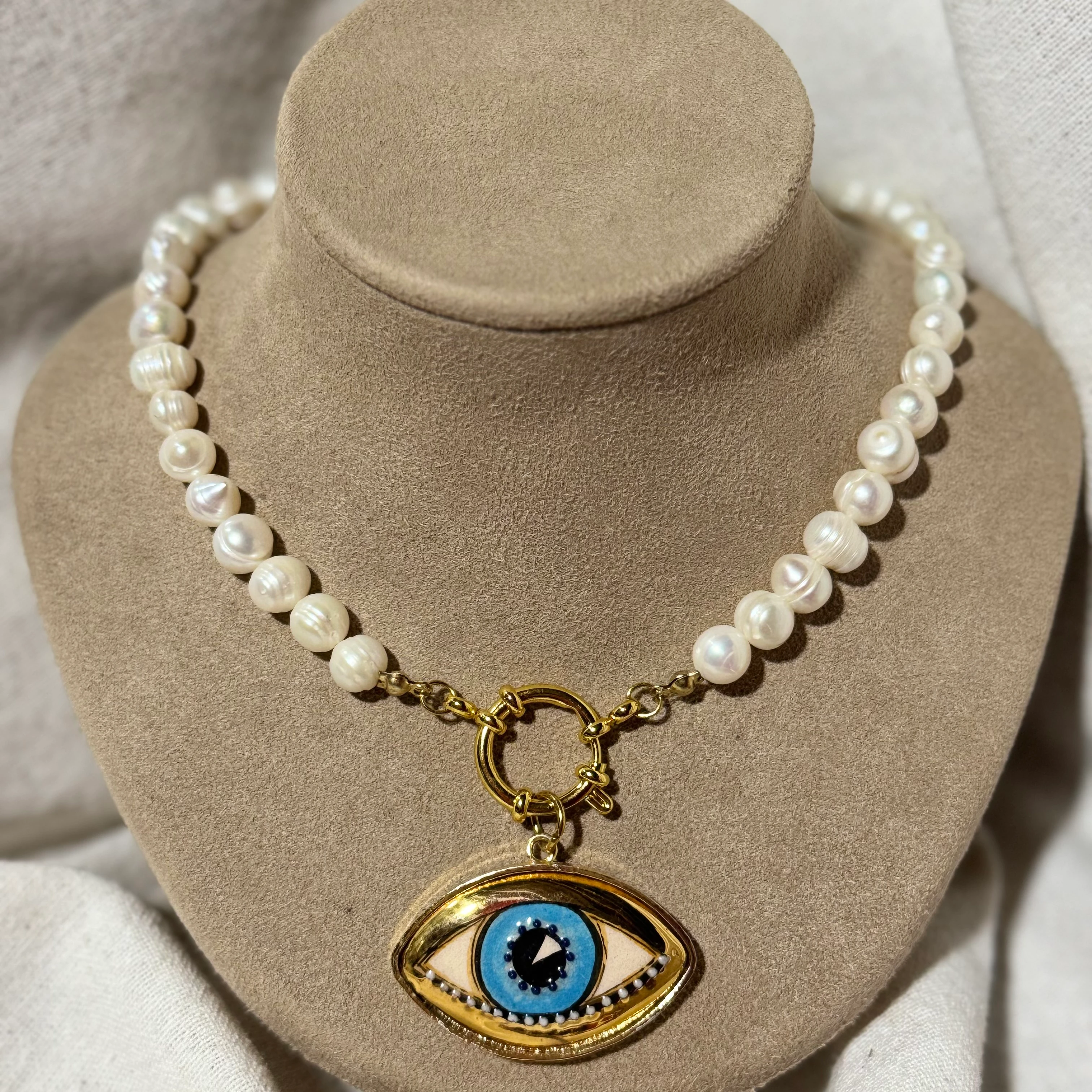 Doğal İnci Seramik Göz Tasarım Kolye