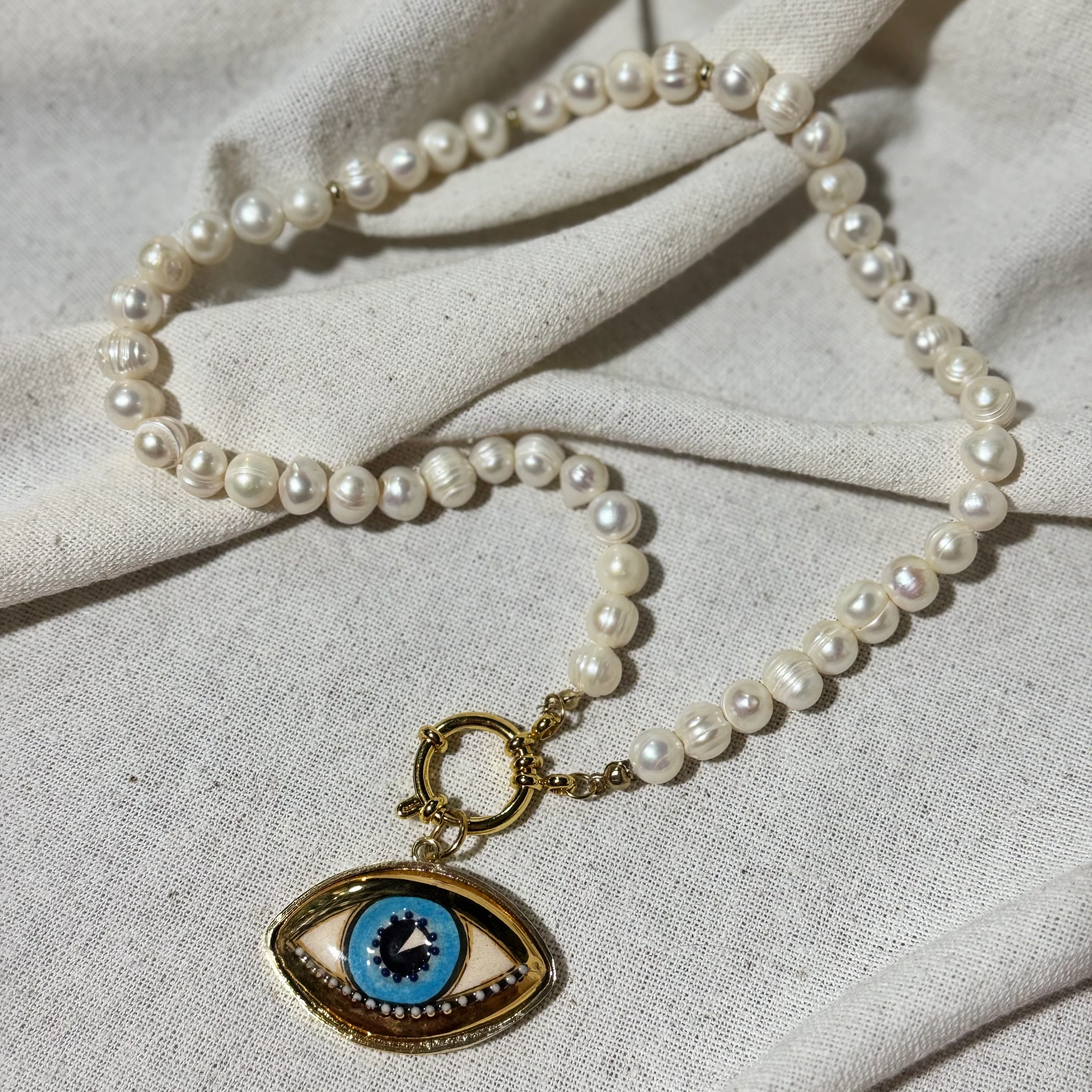 Doğal İnci Seramik Göz Tasarım Kolye