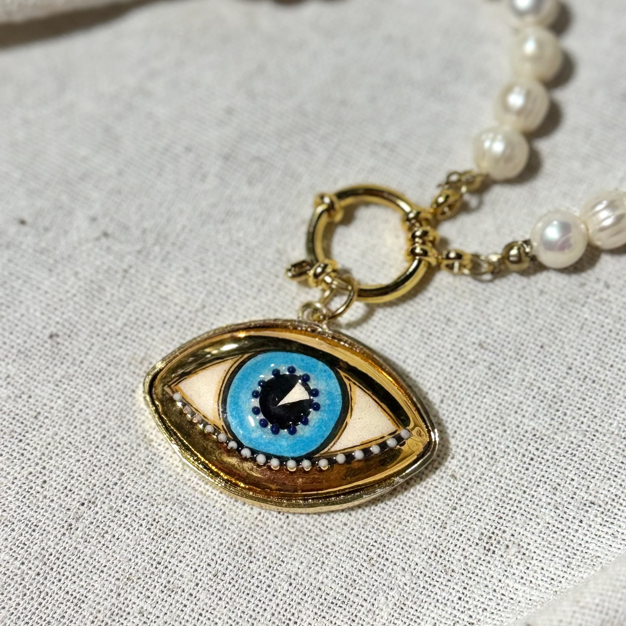 Doğal İnci Seramik Göz Tasarım Kolye