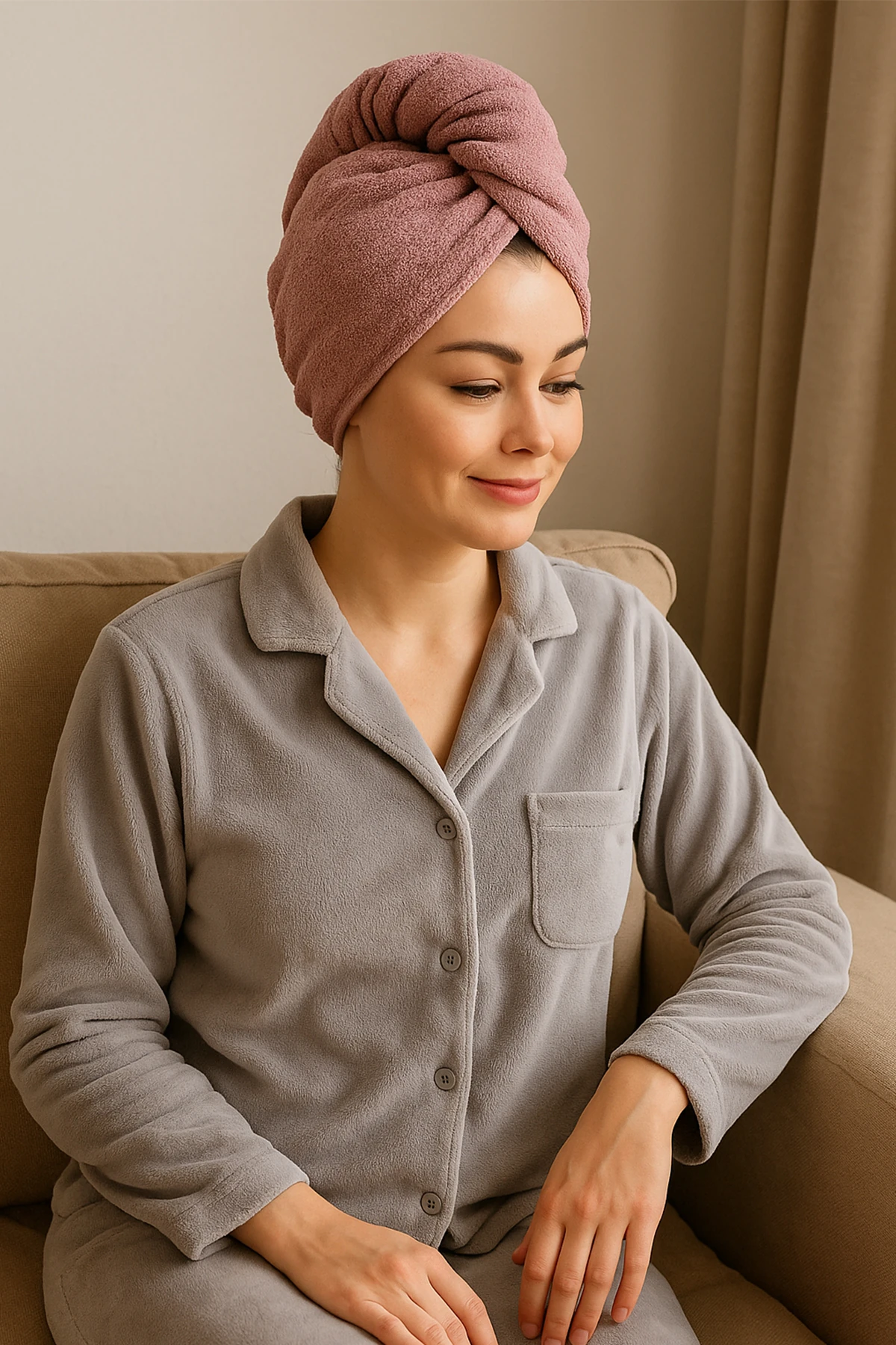 %100 Pamuk Havlu Saç Bonesi – Düğmeli, Yüksek Emilimli, Yıkanabilir - mürdüm(mor tonu)