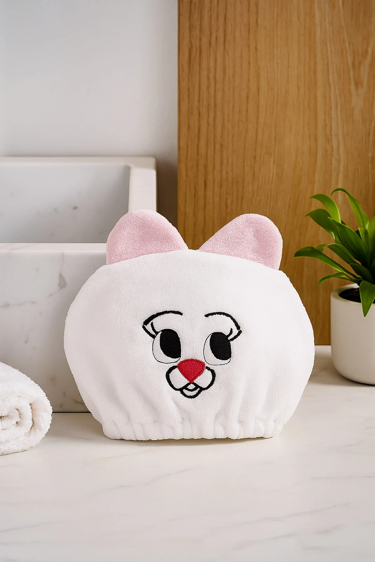 Nakışlı Kulak Detaylı Havlu Bone Saç Havlusu