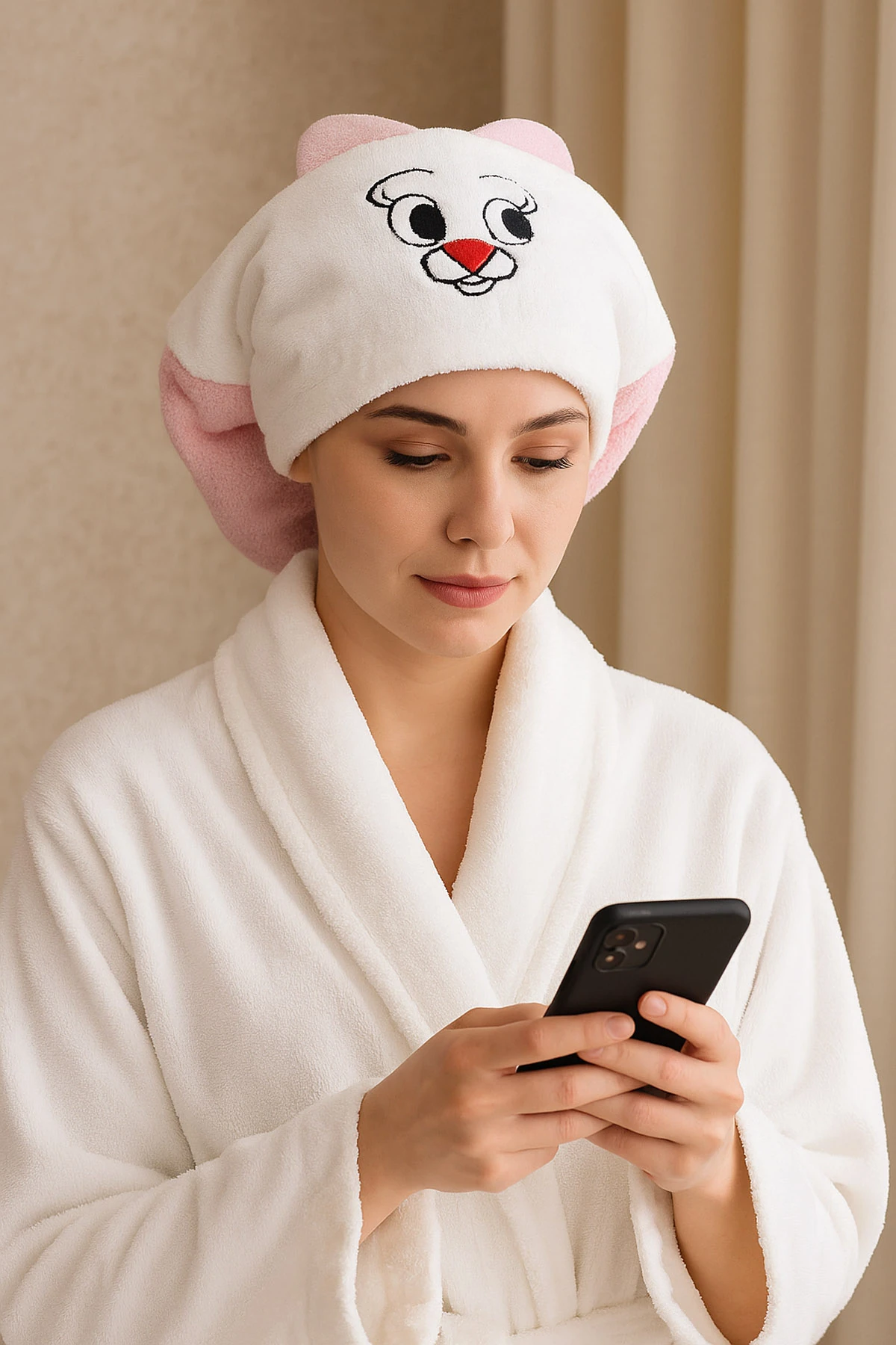 Nakışlı Kulak Detaylı Havlu Bone Saç Havlusu