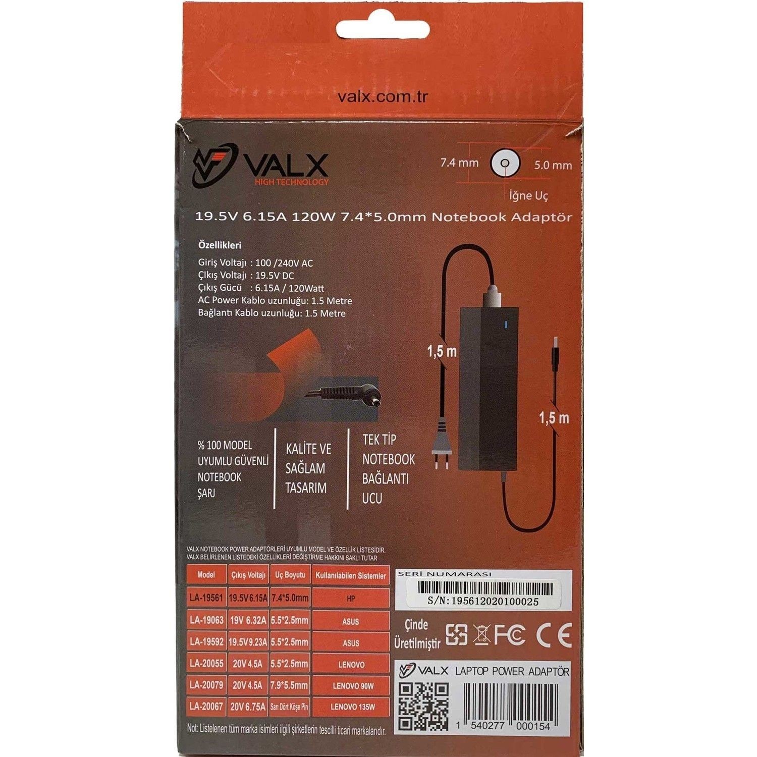 Valx LA-19561 Hp 19.5V 6.15A 120W 7.4x5.0mm Notebook Adaptör