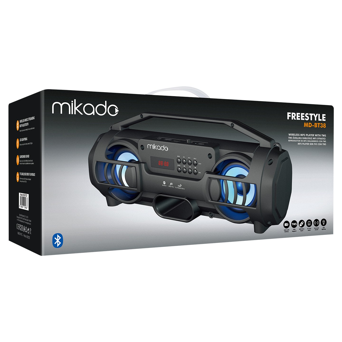 Mikado MD-BT38 Freestyle Siyah Işıklı Bt/Tf/Usb/Aux/Tws Kablosuz Hoparlör