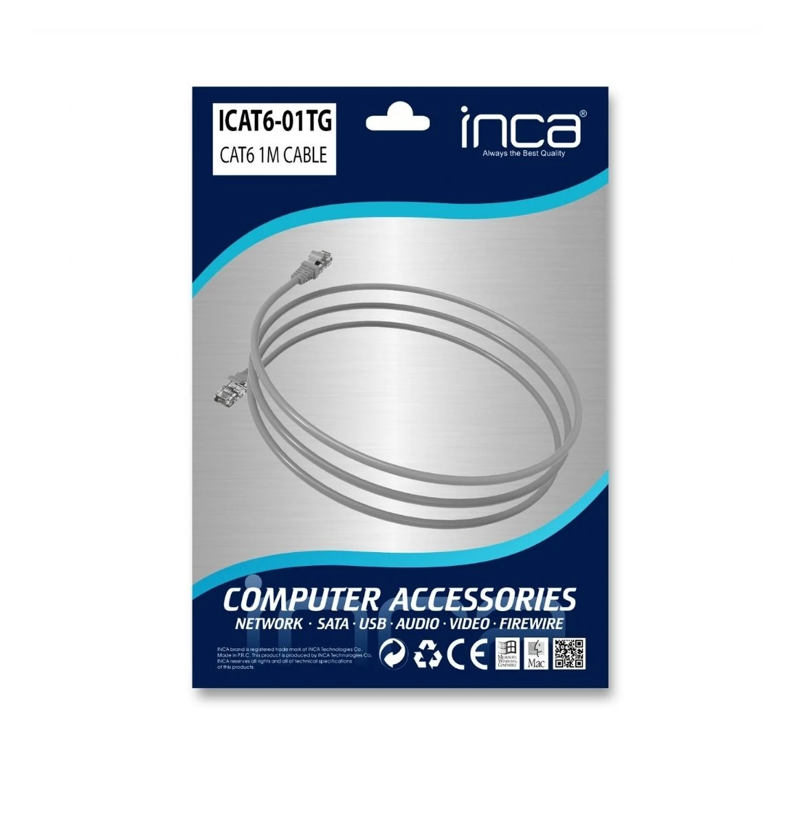 Inca ICAT6-01TG 1 Metre Cat6 Gri Utp Patch Kablo