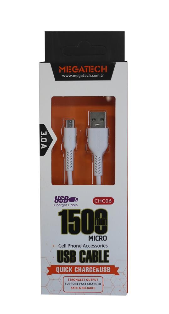 Megatech CHC06 Beyaz 2.1A 1.5M Micro Usb Şarj Kablosu