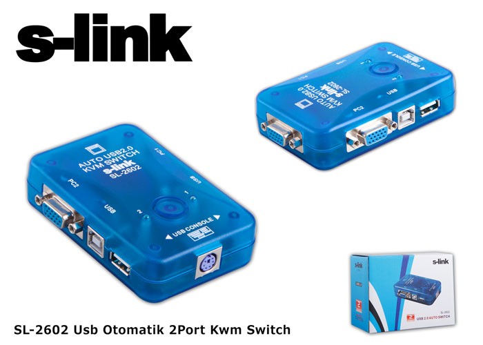 S-Link SL-2602 Usb Otomatik 2 Port Kwm Switch
