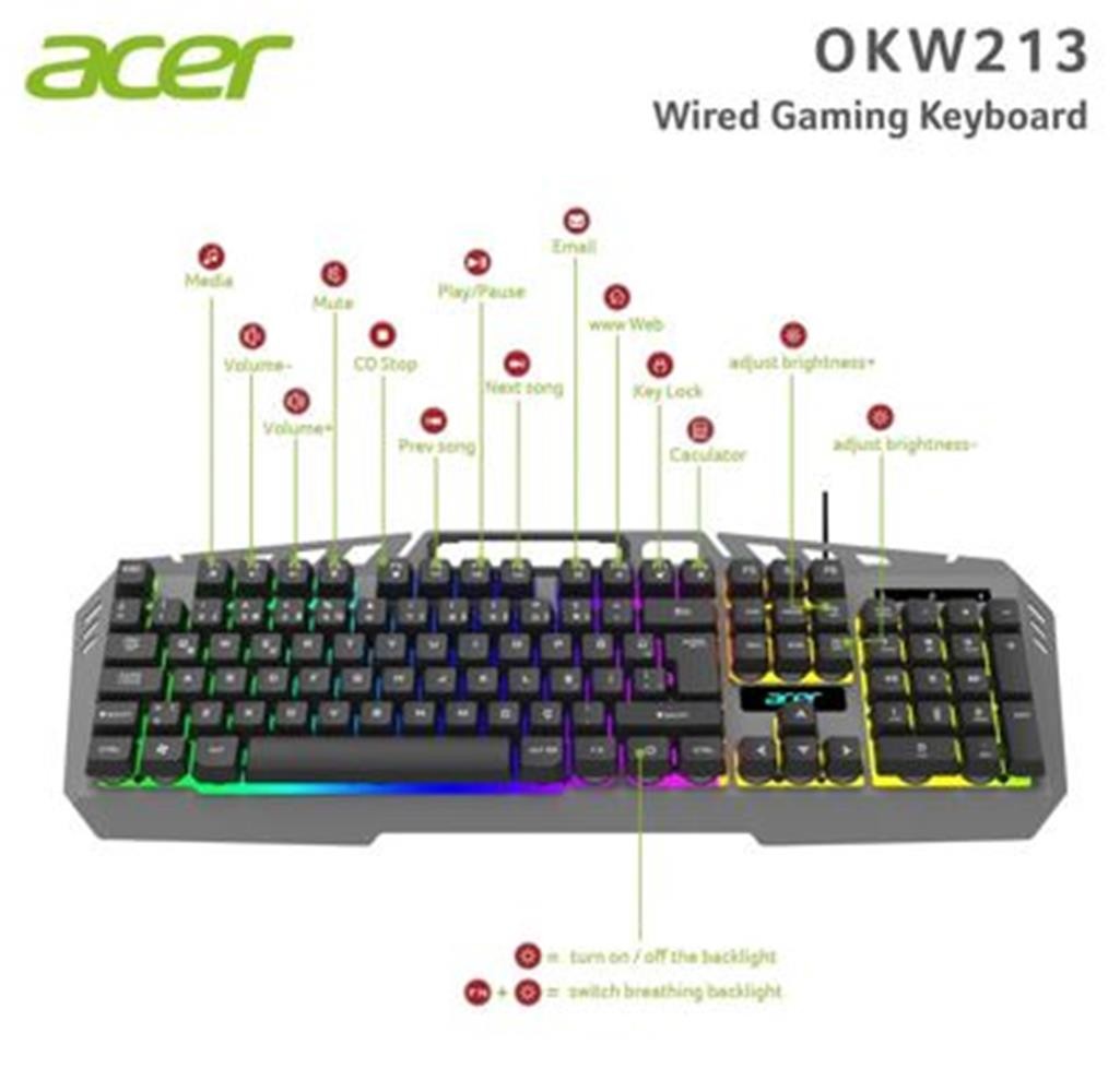Acer OKW213 Siyah RGB Rainbow Backlit Gaming Keyboard Rainbow (Kablo Uzunluğu 1,5mt)