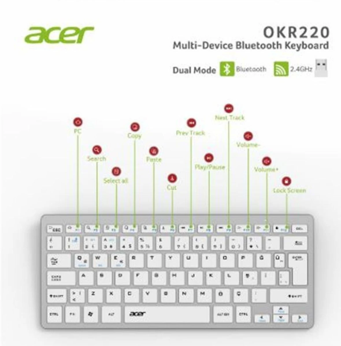 Acer OKR220 Beyaz MultiDevice 2.4Ghz Bluetooth Klavye Smart Tv Android