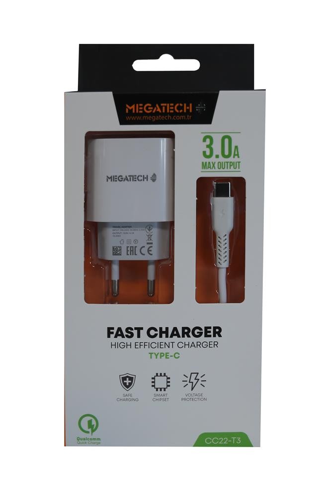 Megatech CC01 5V 3.0A Ev Şarj+Type-C Hızlı Şarj Kablosu