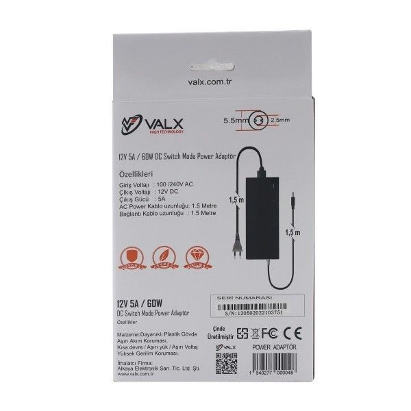 Valx LA-12050 12V 5A 60W 5.5x2.5mm Adaptör