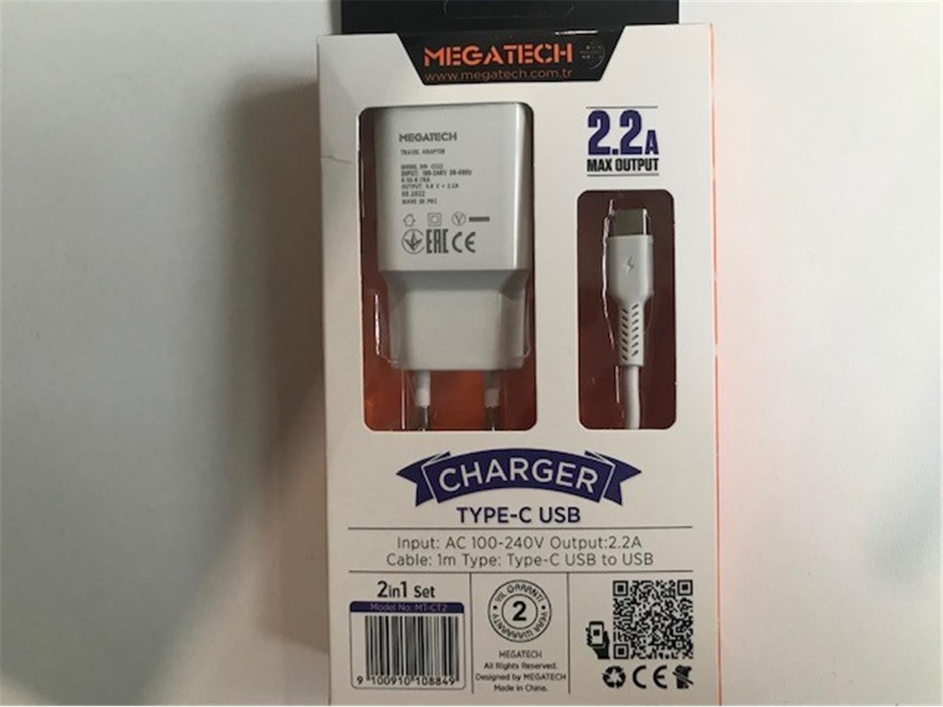 Megatech MT-CT2 2.2A Type-C Ev Şarj+ Type-C Hızlı Şarj Kablo